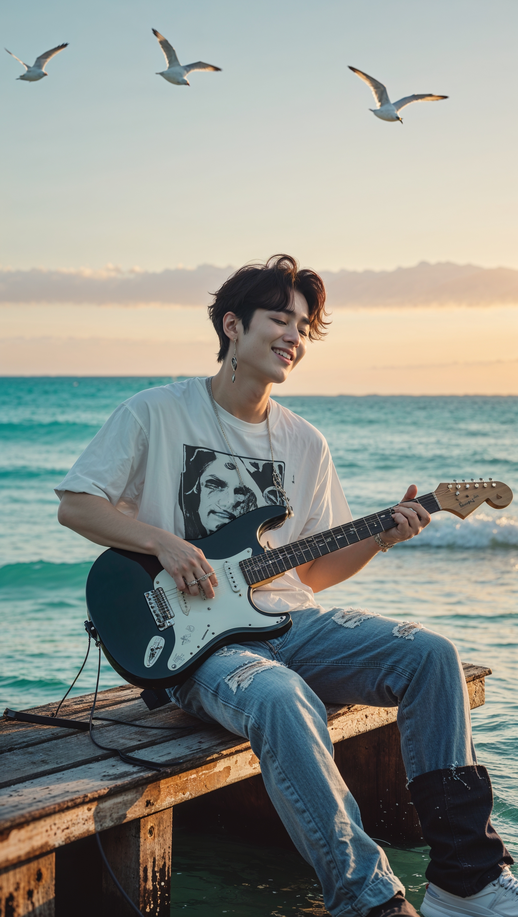 An image of Jungkook playing guitar by the sea