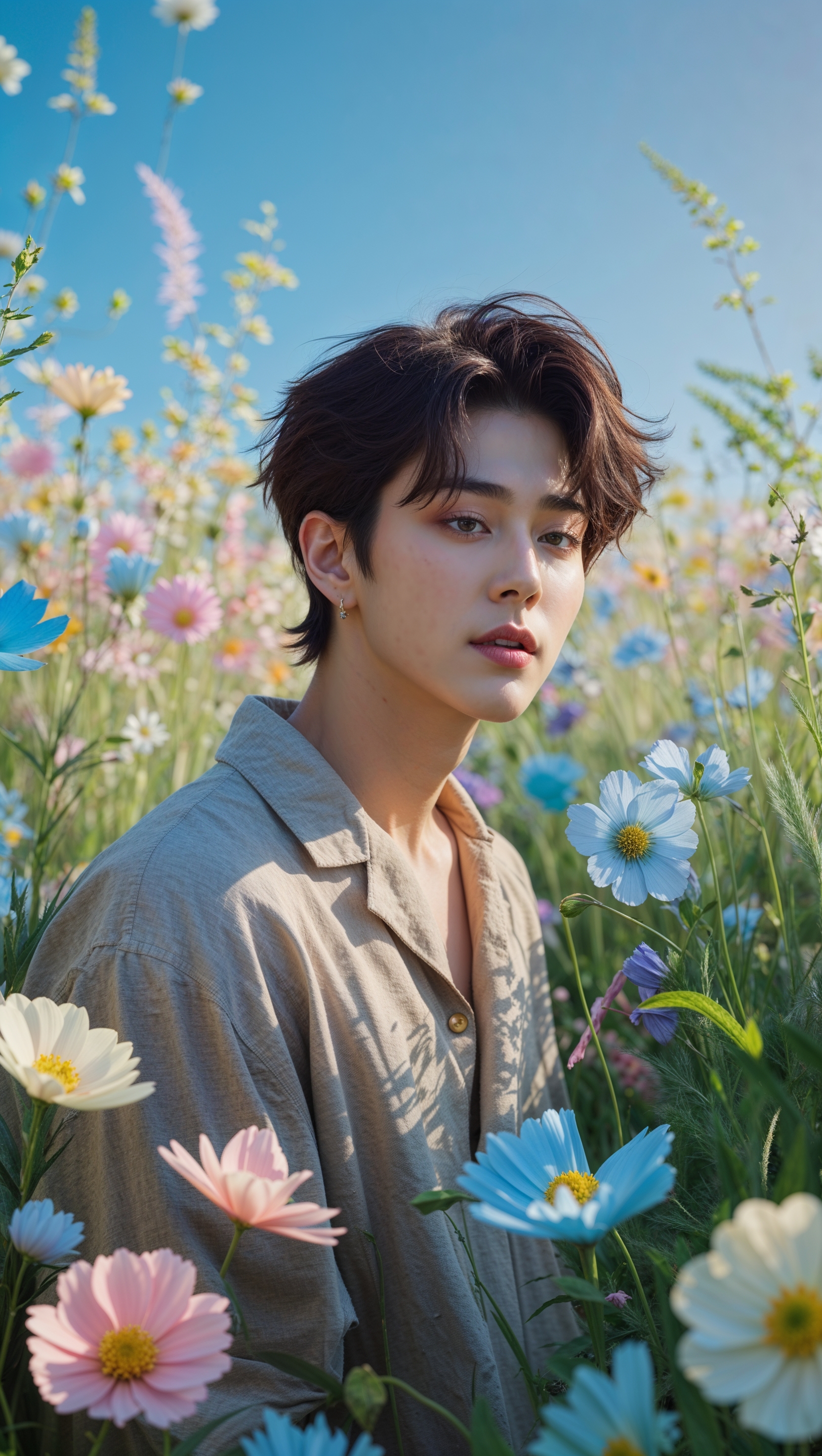 An image of Jungkook among wildflowers in a meadow