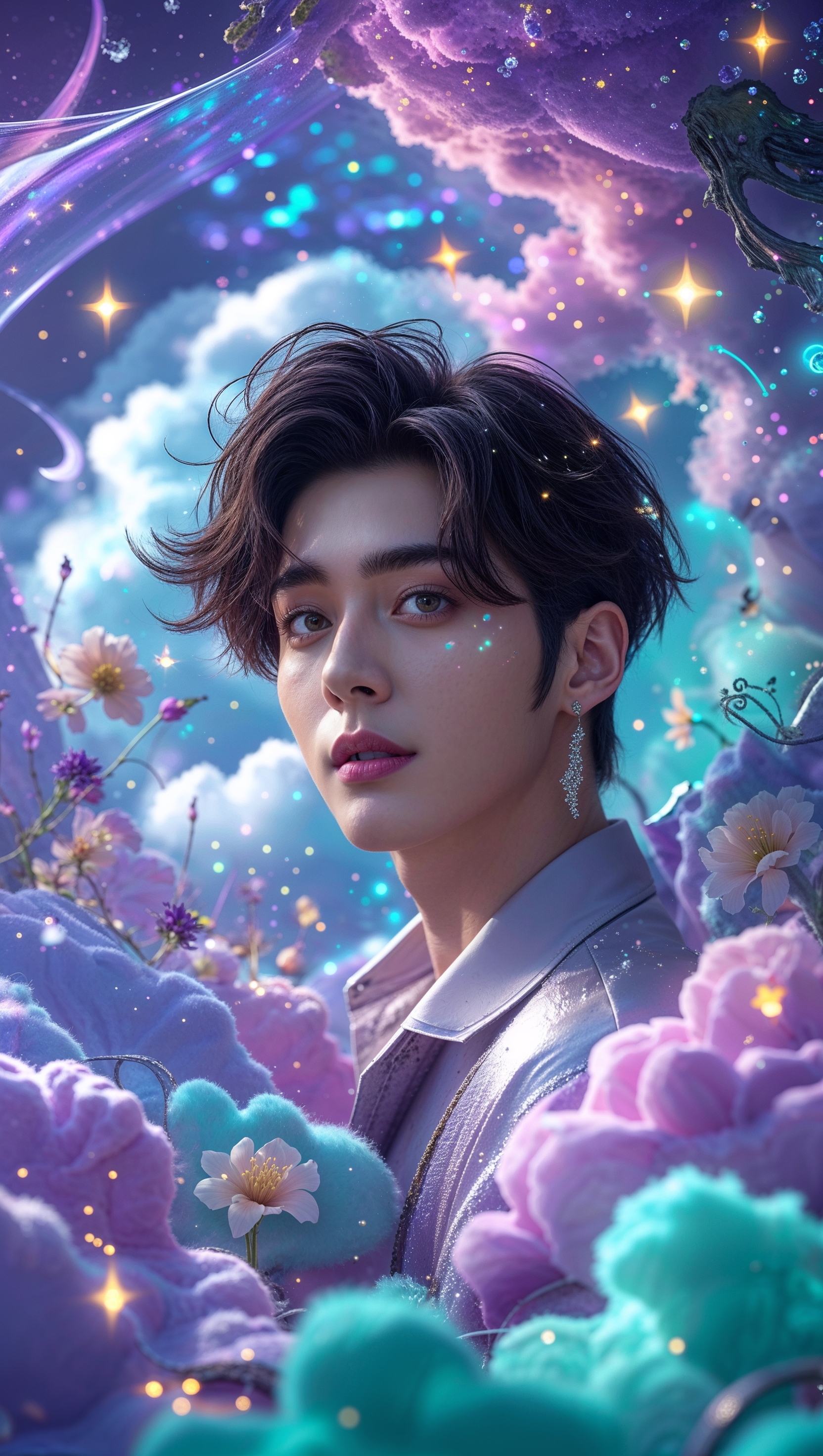 Design a wallpaper with Jungkook in a surreal and magical environment