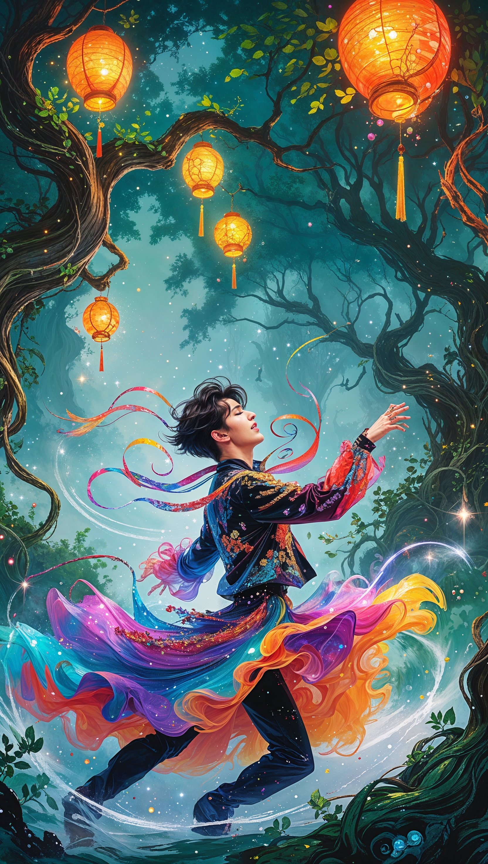 An image of Jungkook dancing in a magical setting