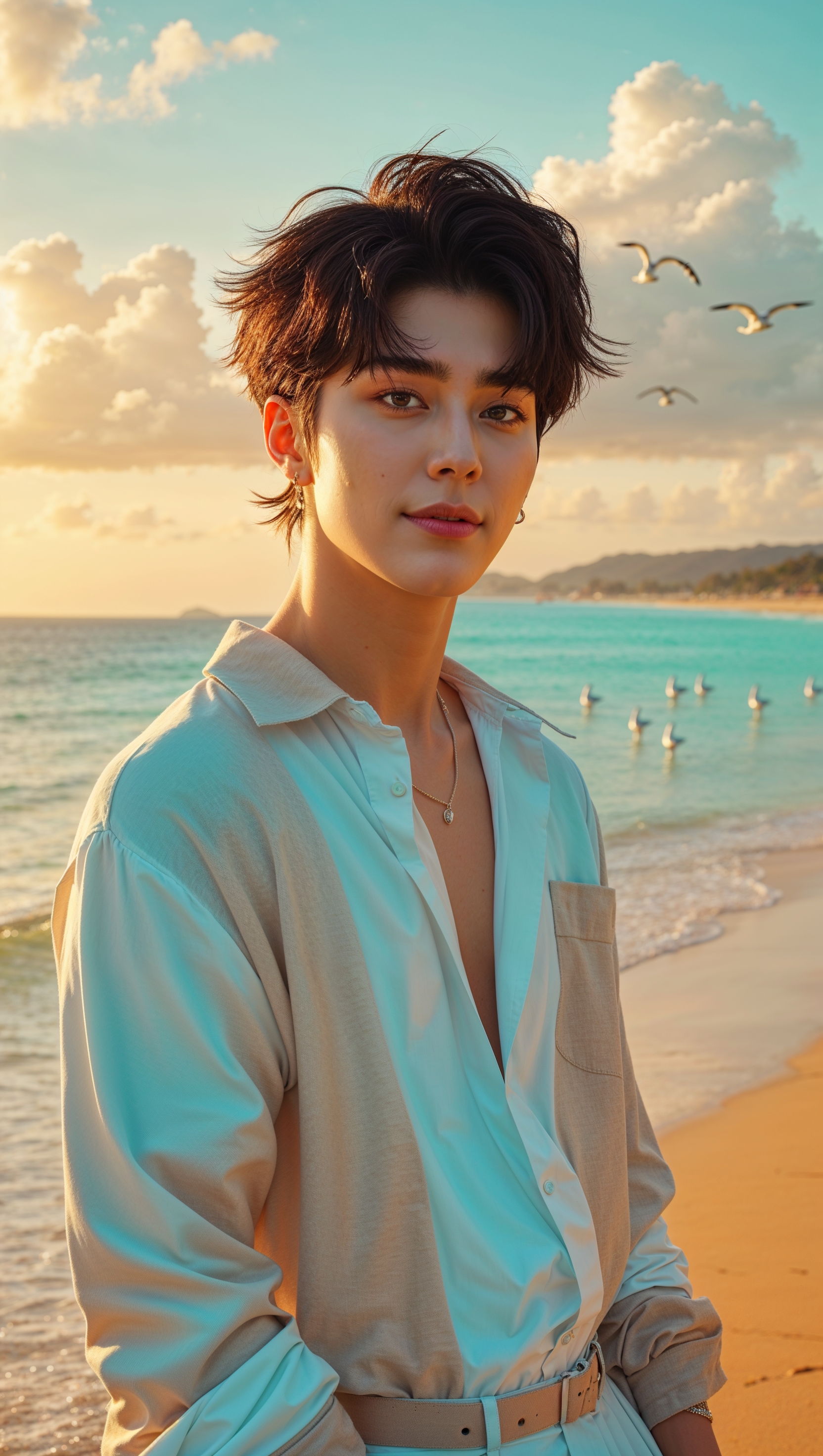 Create a wallpaper with Jungkook by a golden beach