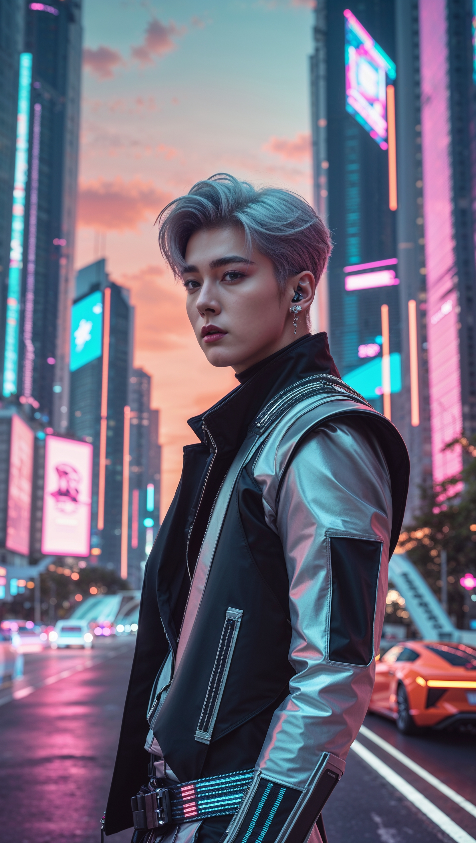 Create a wallpaper with Jungkook and a futuristic city in the background