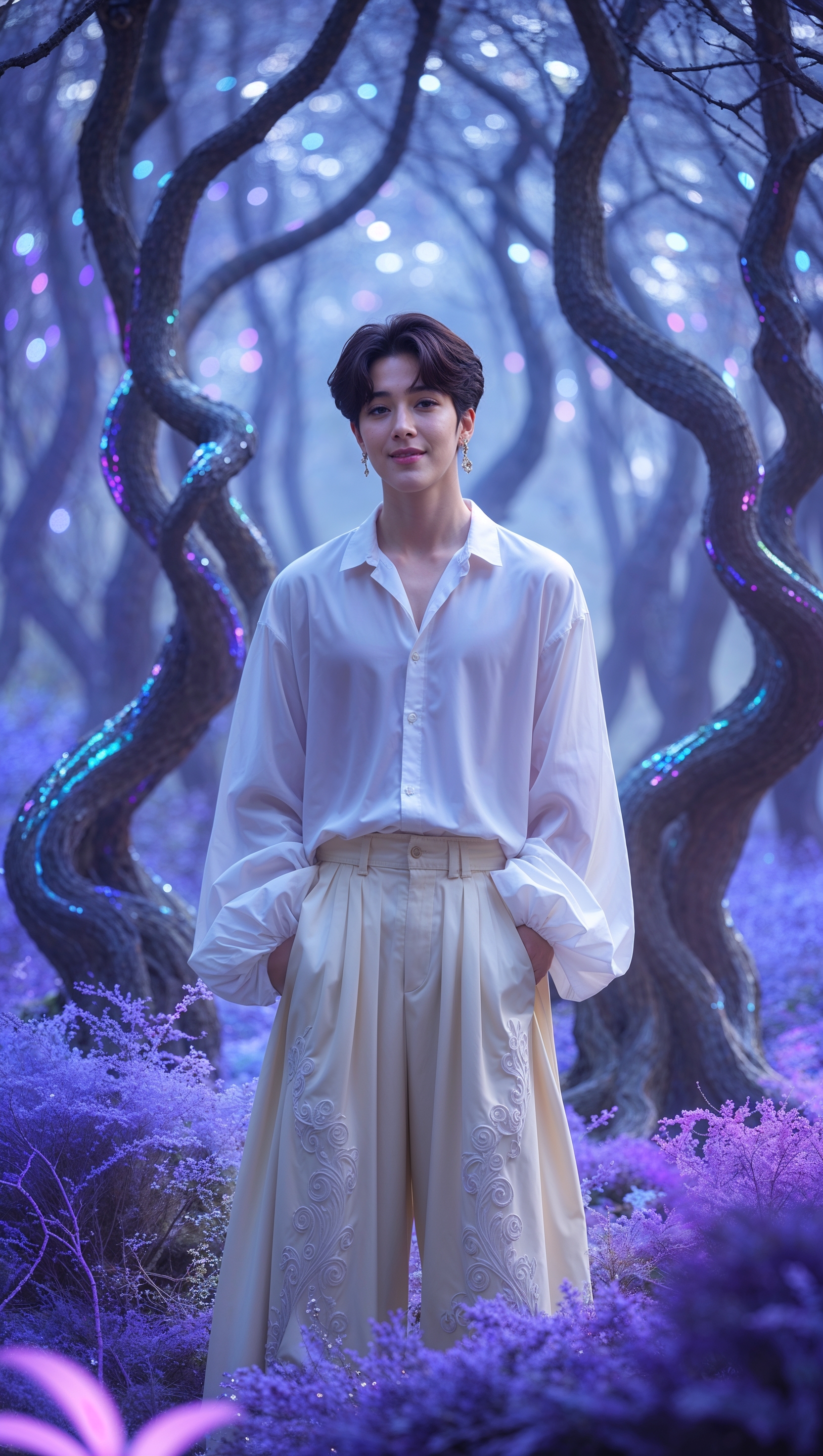 Design a wallpaper with Jungkook in a fantasy space with strange trees