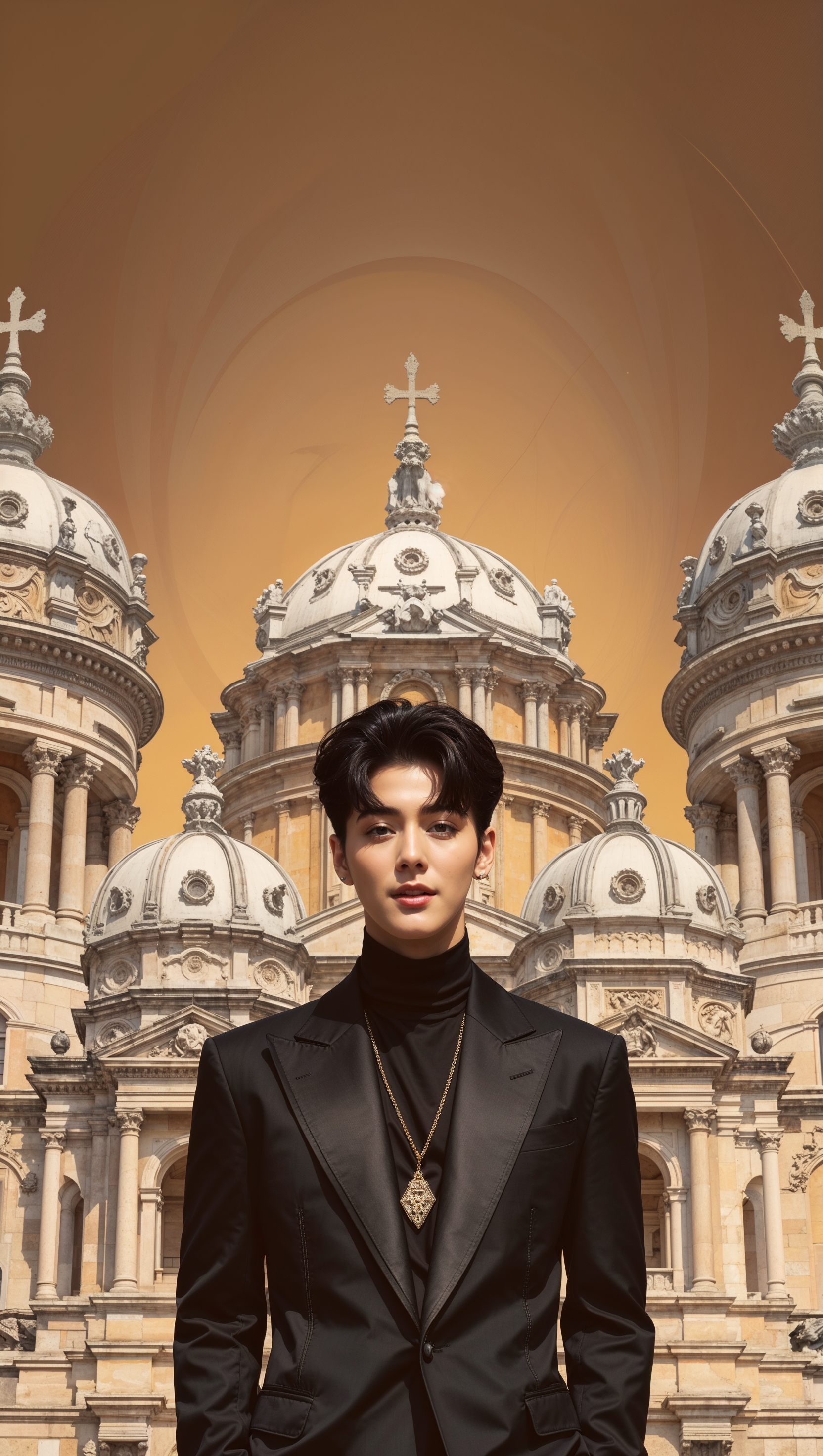 Design a wallpaper with Jungkook surrounded by royal domes and historical architecture