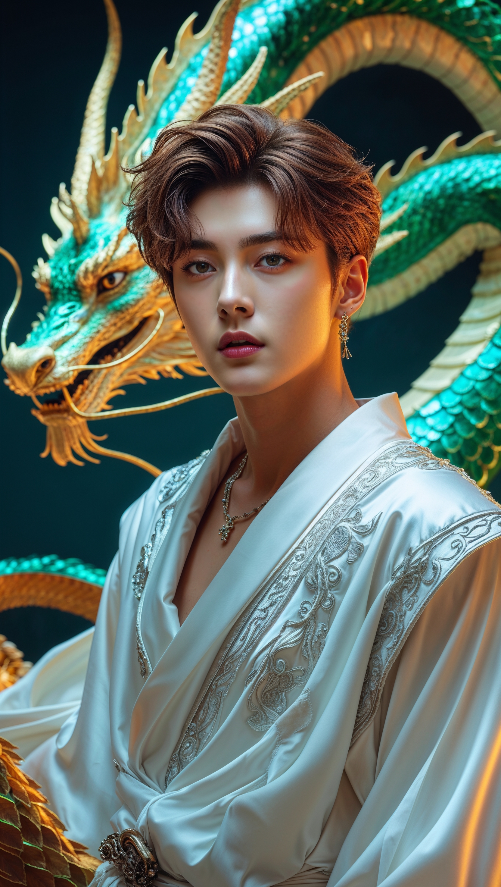 Create an iPhone wallpaper with Jungkook and a mythical dragon in the background