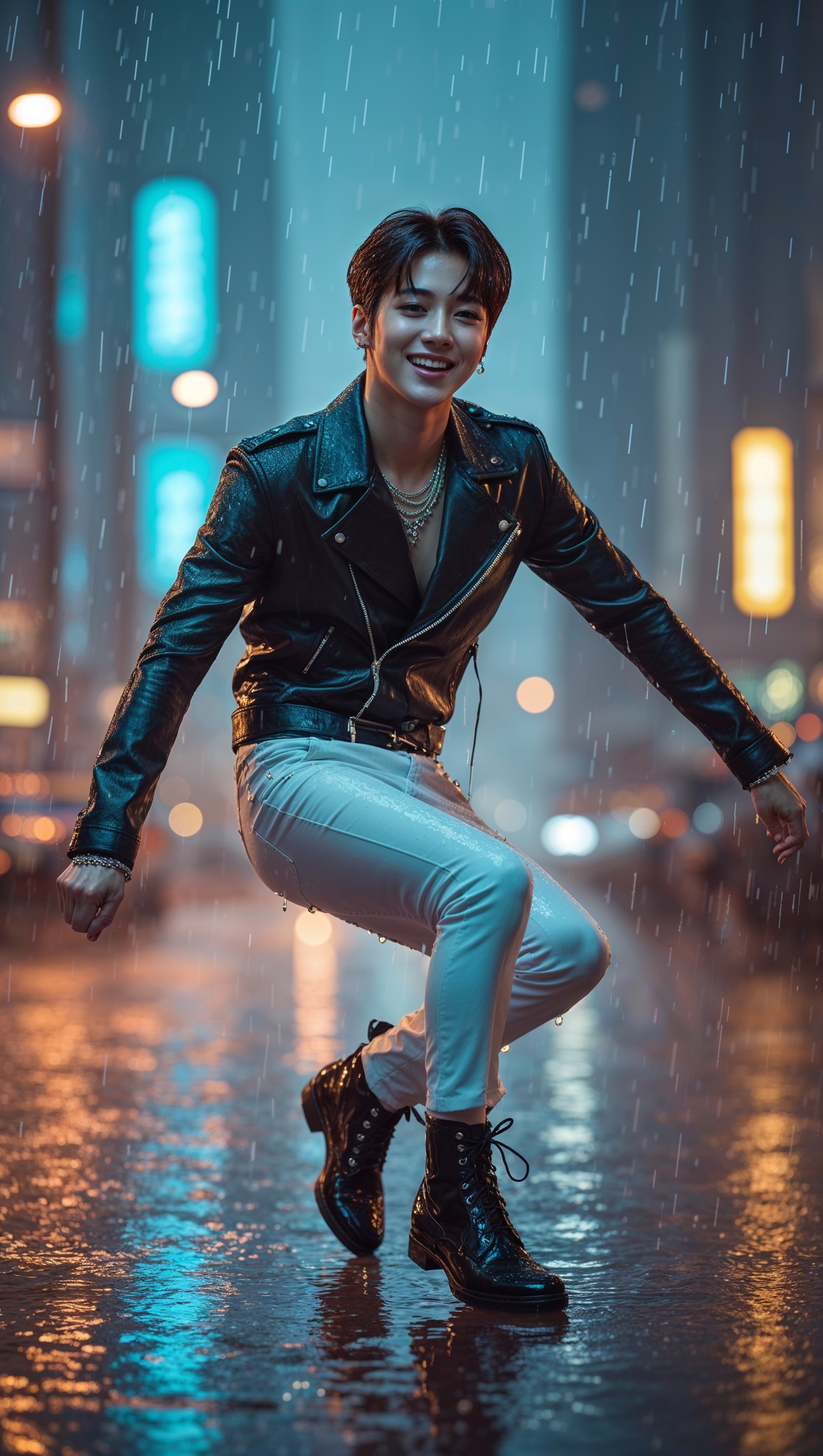 An image of Jungkook dancing in the rain