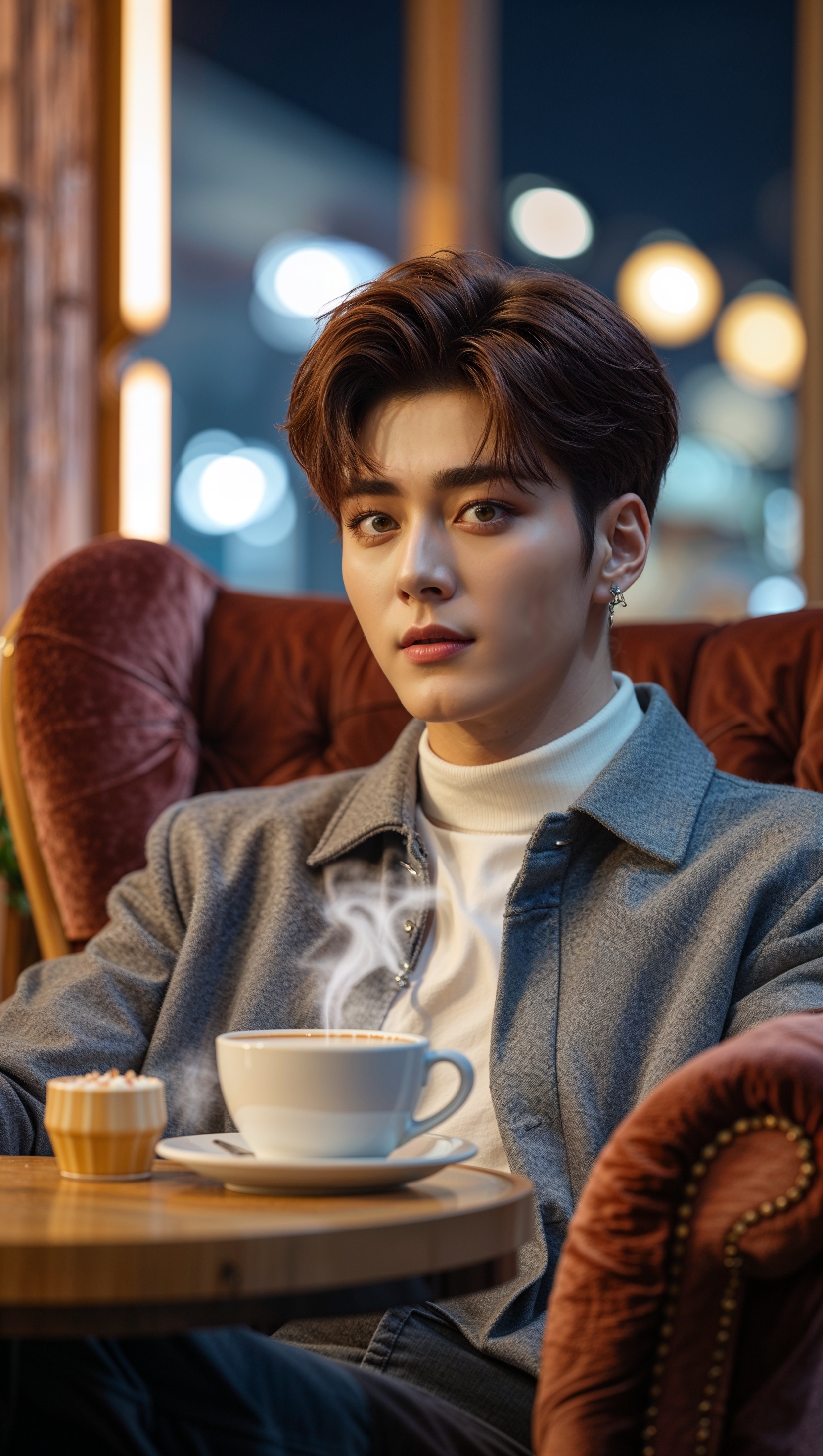An image of Jungkook in a cozy cafe at night