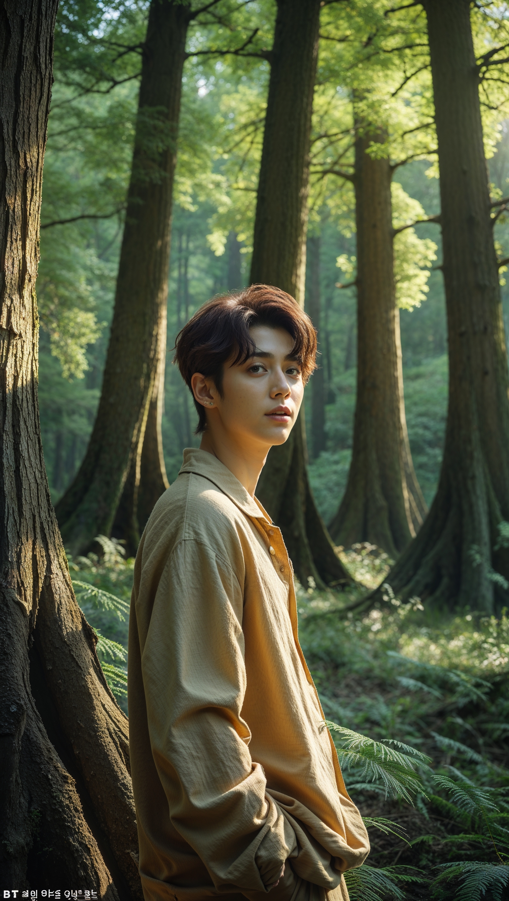 An image of Jungkook beside tall forest trees