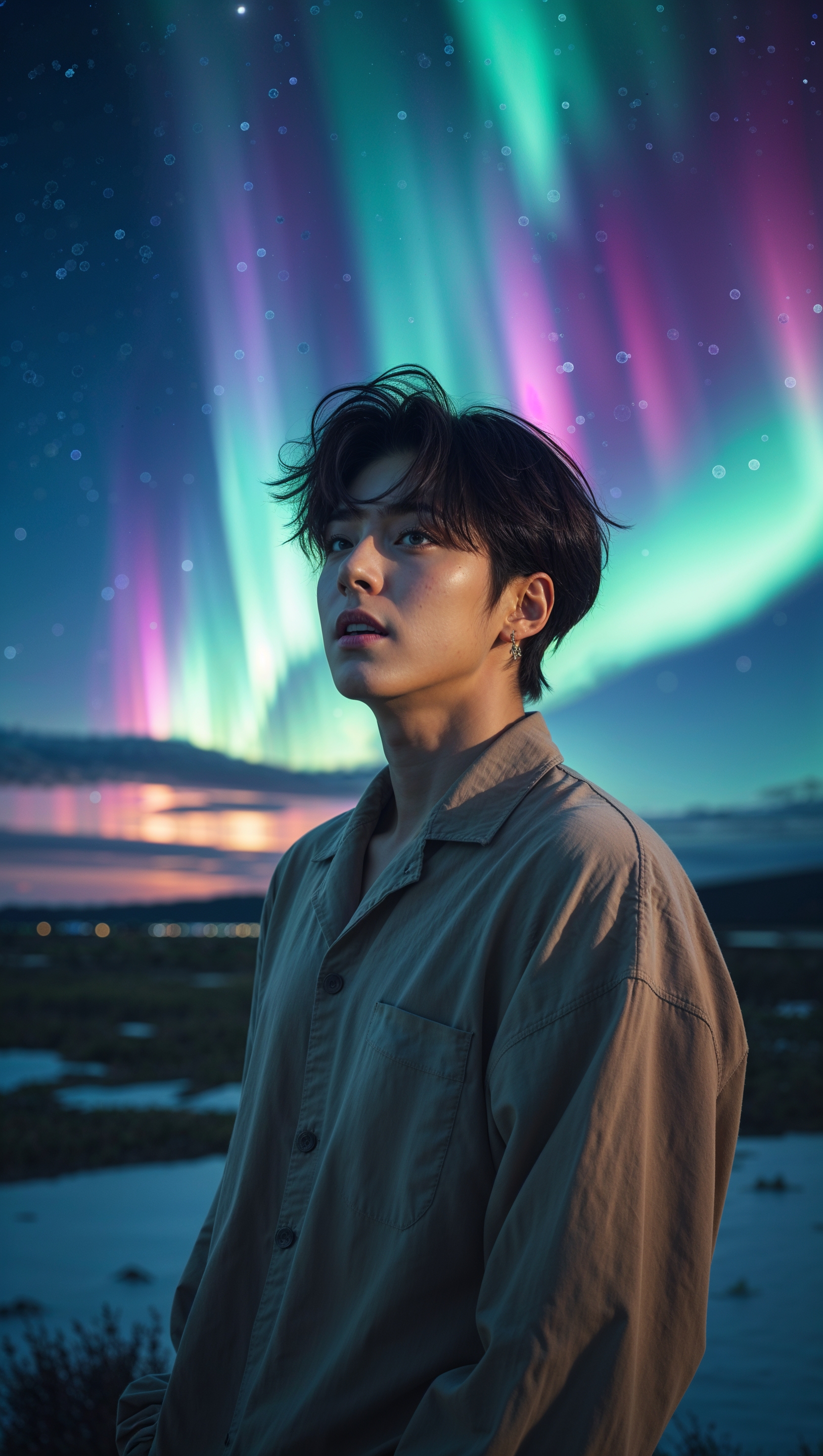 An image of Jungkook next to the Northern Lights in the night sky