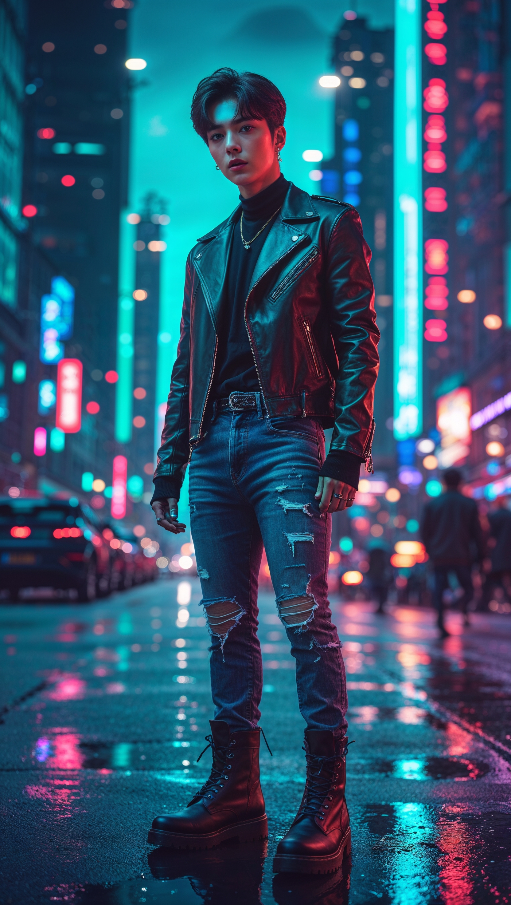 Design an iPhone wallpaper with Jungkook and neon lights
