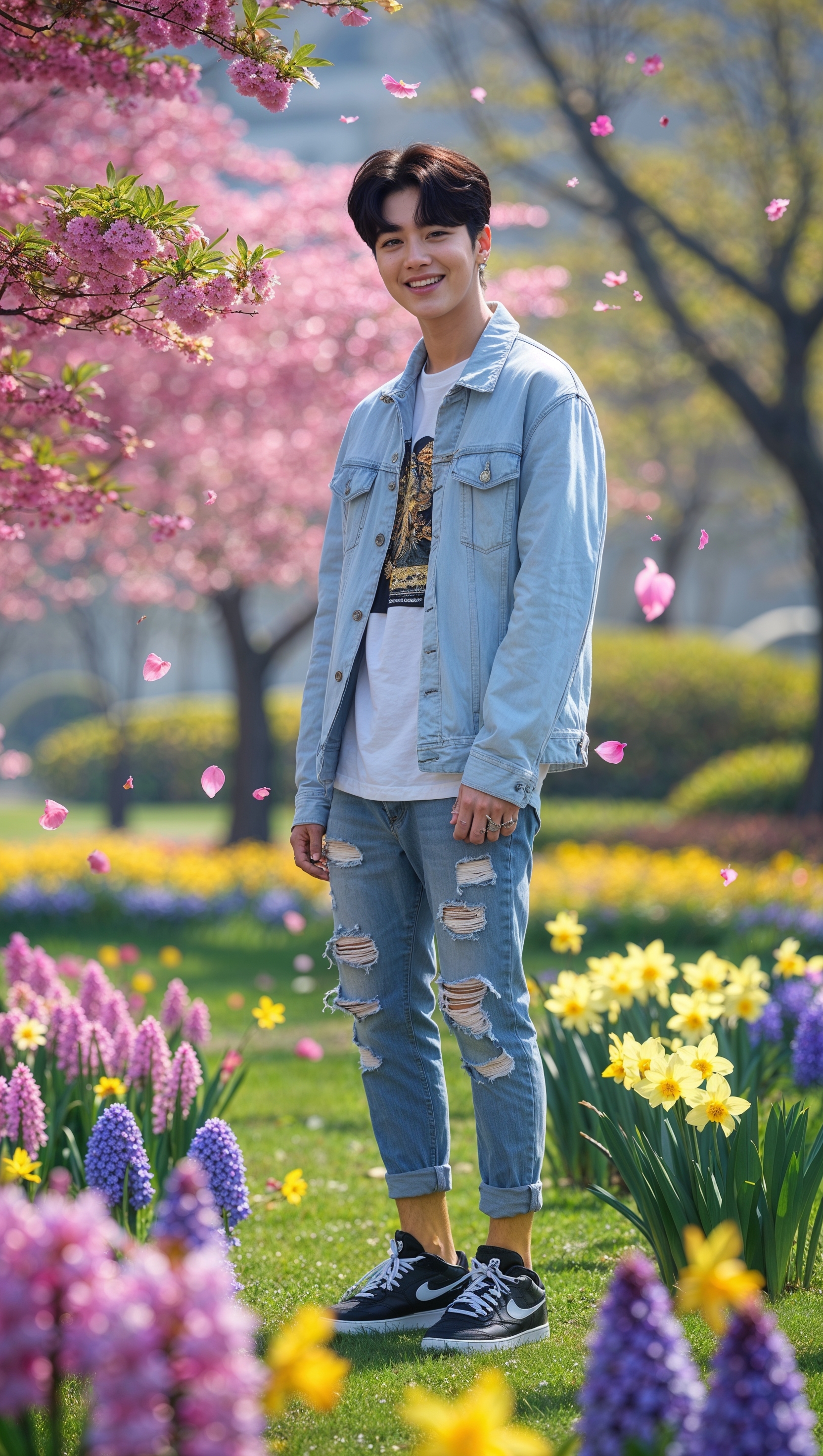 An image of Jungkook in a park with beautiful flowers