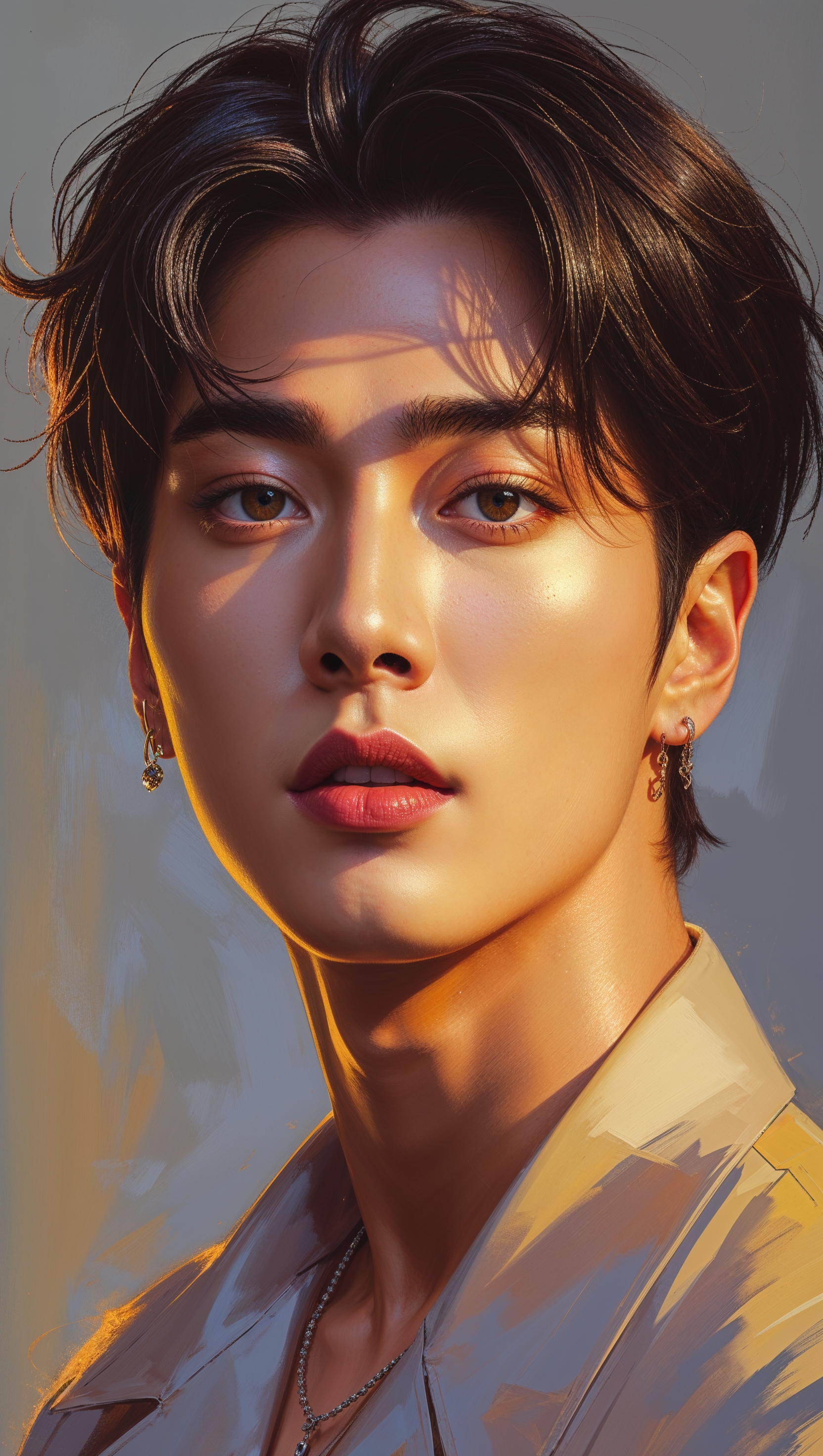 Create an artistic portrait of Jungkook in golden light