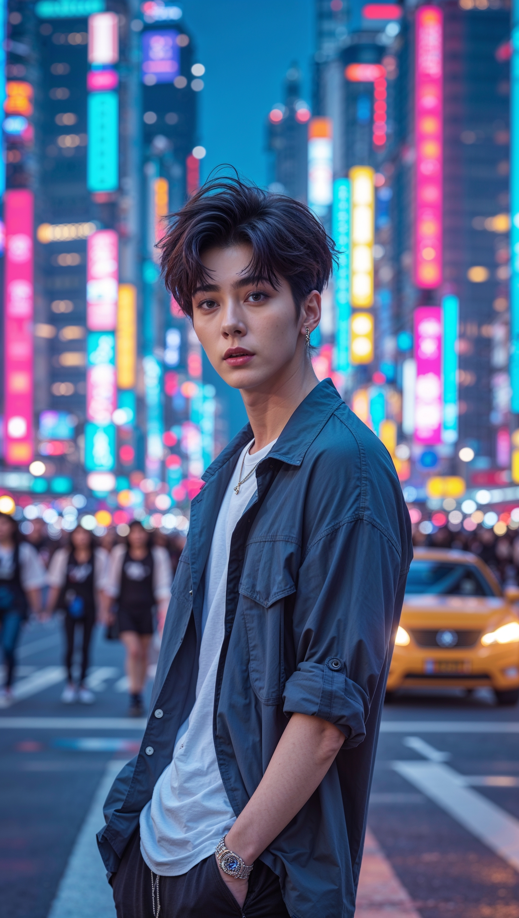 Create a wallpaper with Jungkook in the busy streets of a city