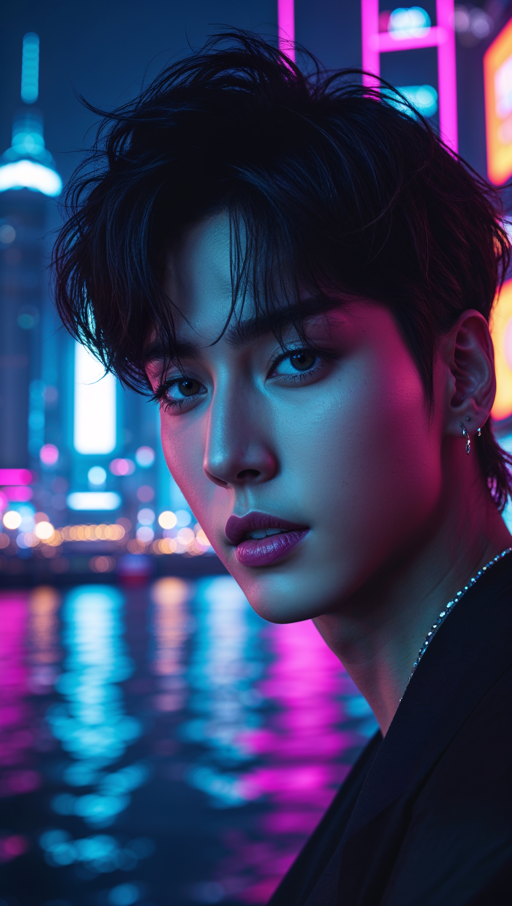 Design an iPhone wallpaper with Jungkook's face against a city night background