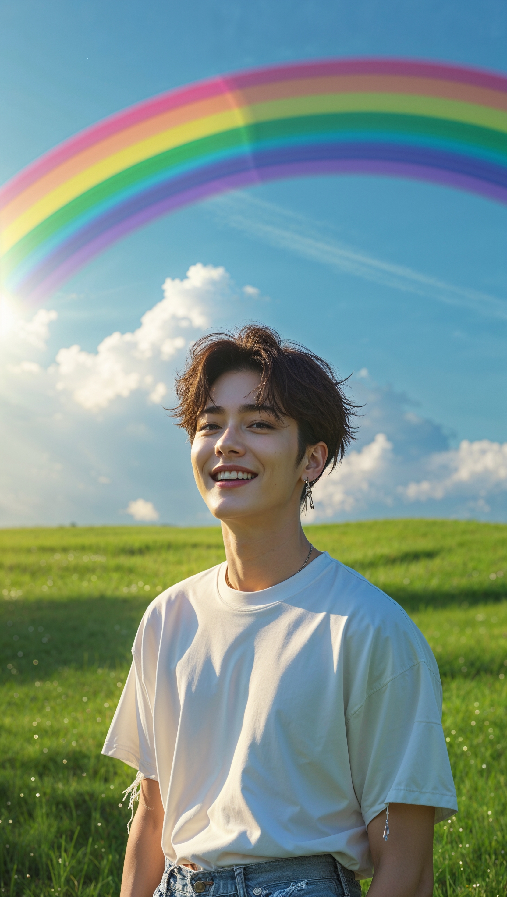Create a wallpaper with Jungkook and a rainbow in the sky