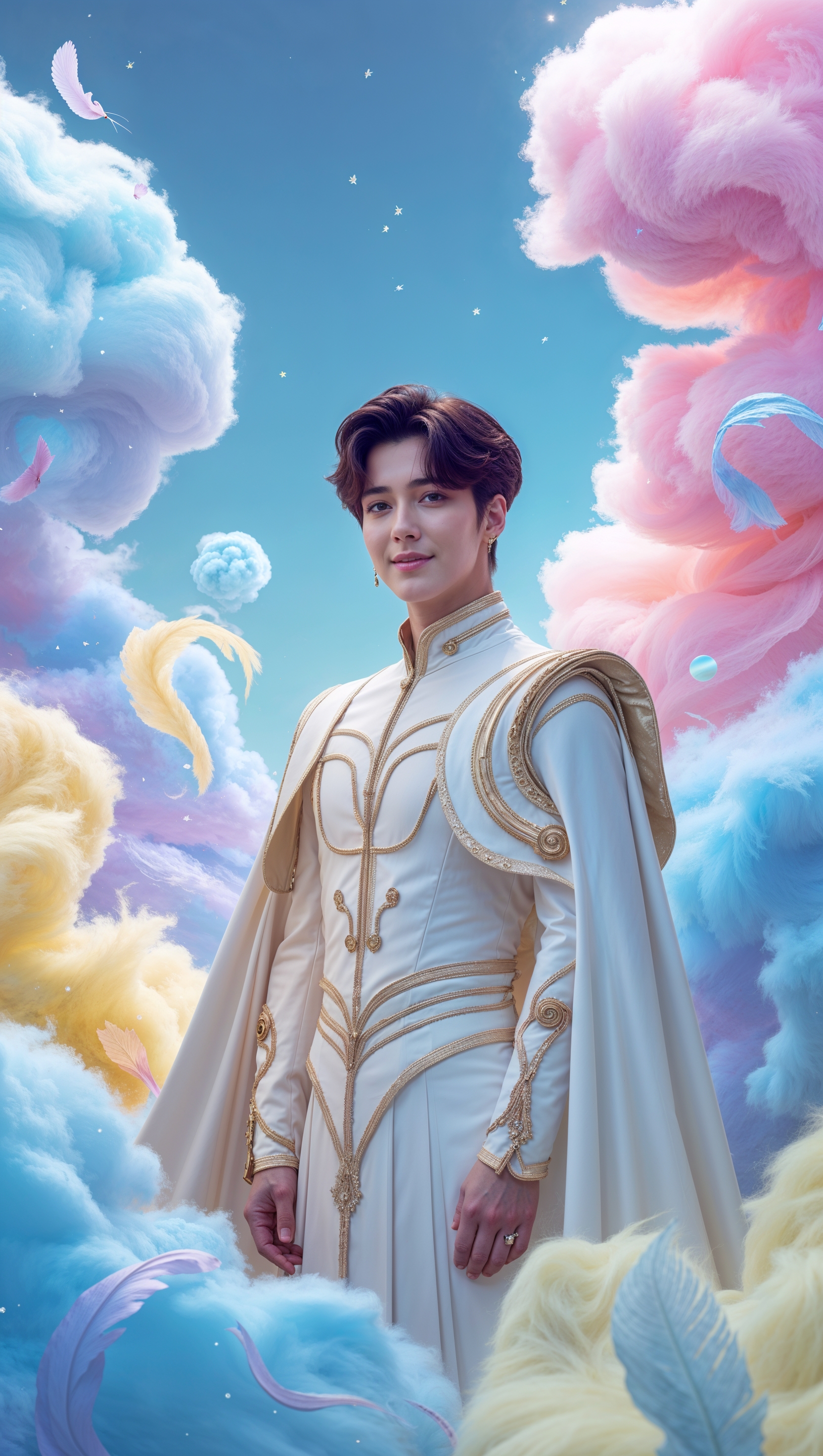 Create an image of Jungkook in a fantasy environment with colorful clouds
