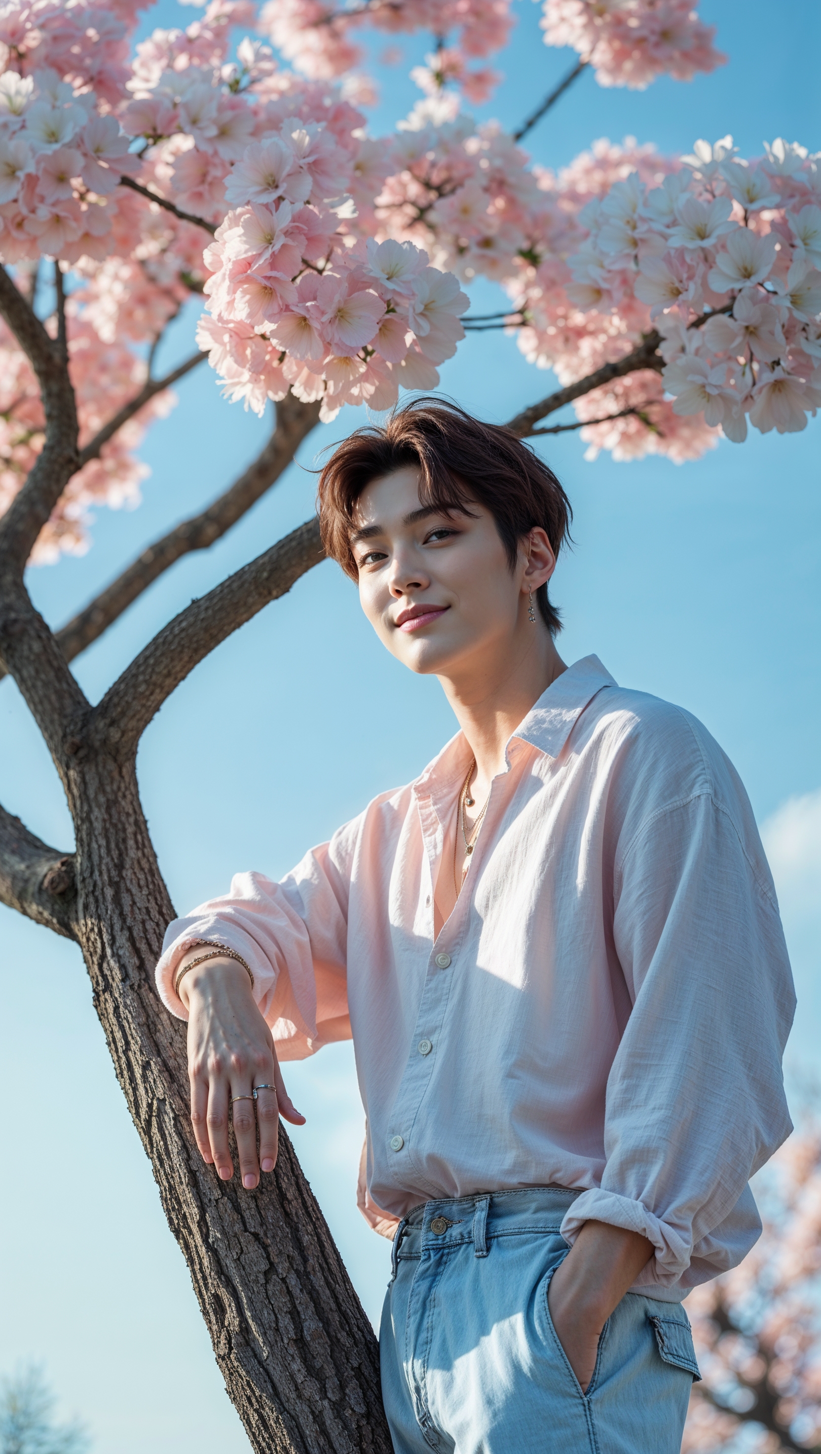 Design an iPhone wallpaper with Jungkook next to a flowering tree