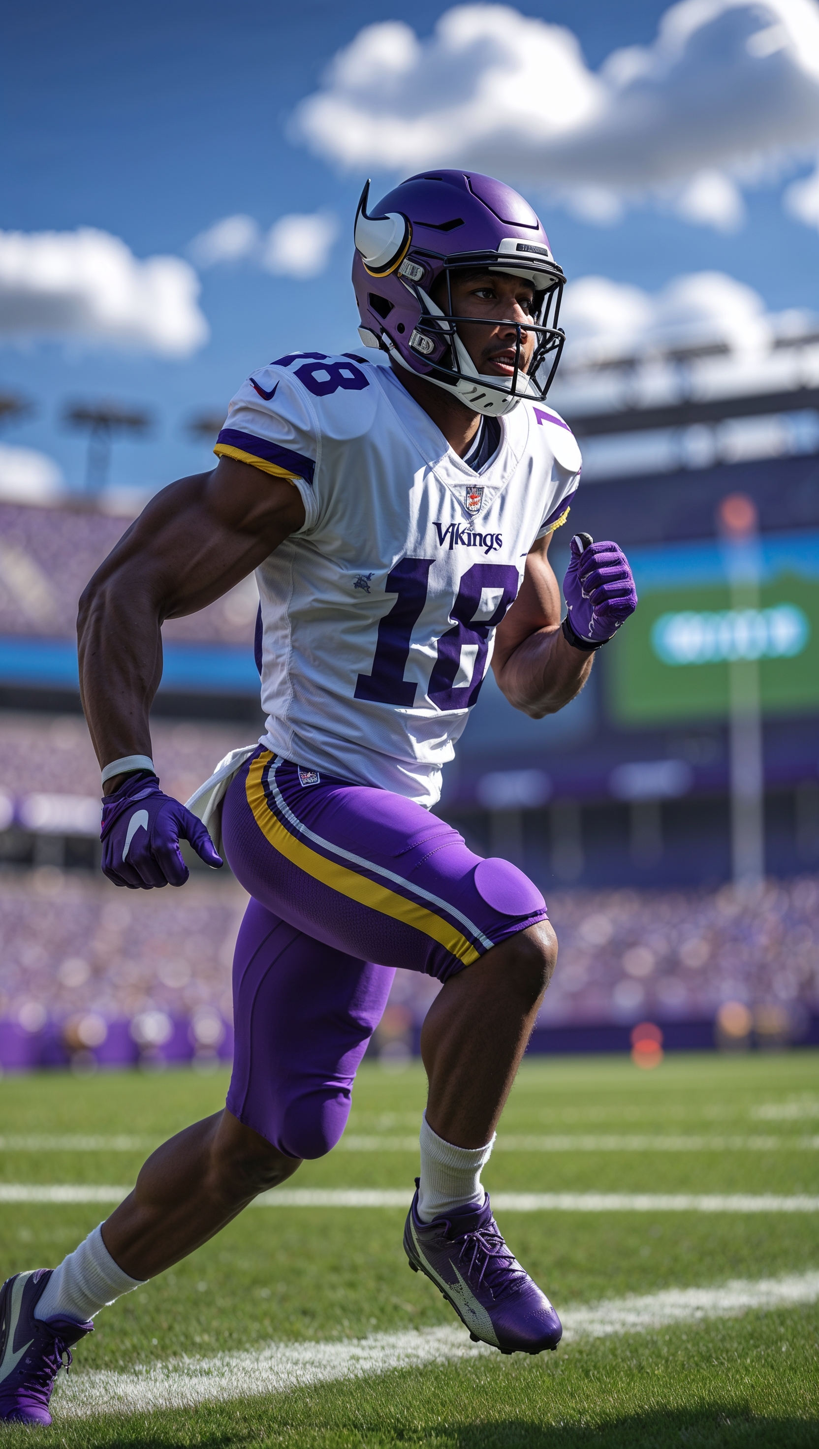 Justin Jefferson wearing Minnesota Vikings uniform running on the field