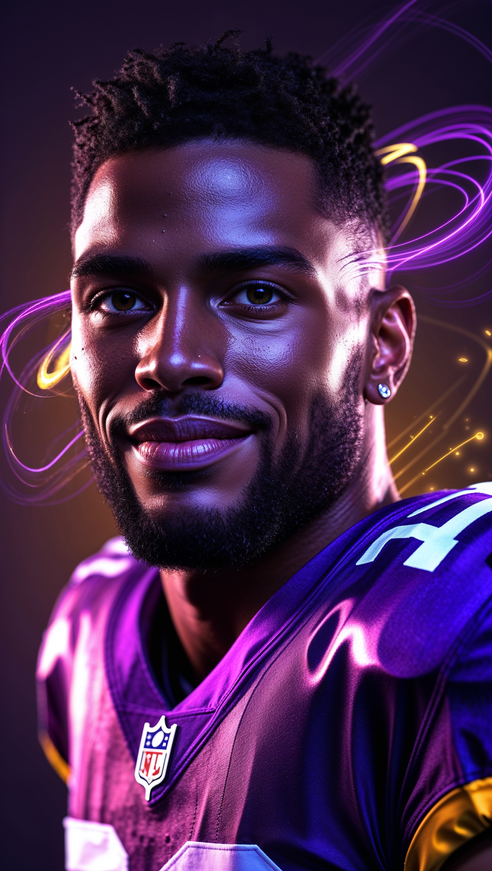 Fantasy portrait of Justin Jefferson with purple and gold neon effects