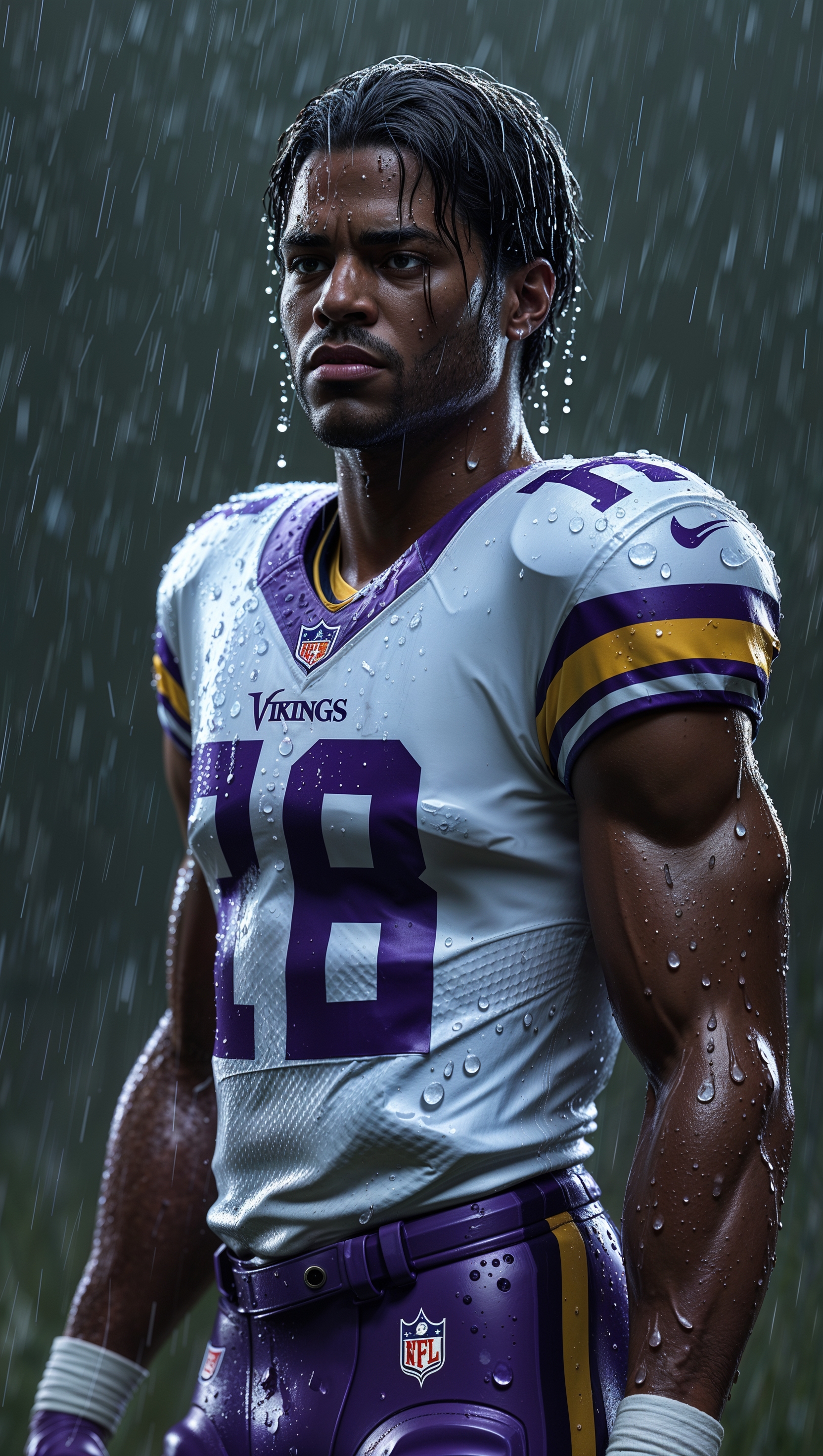 AI-generated image of Justin Jefferson in rain with game uniform