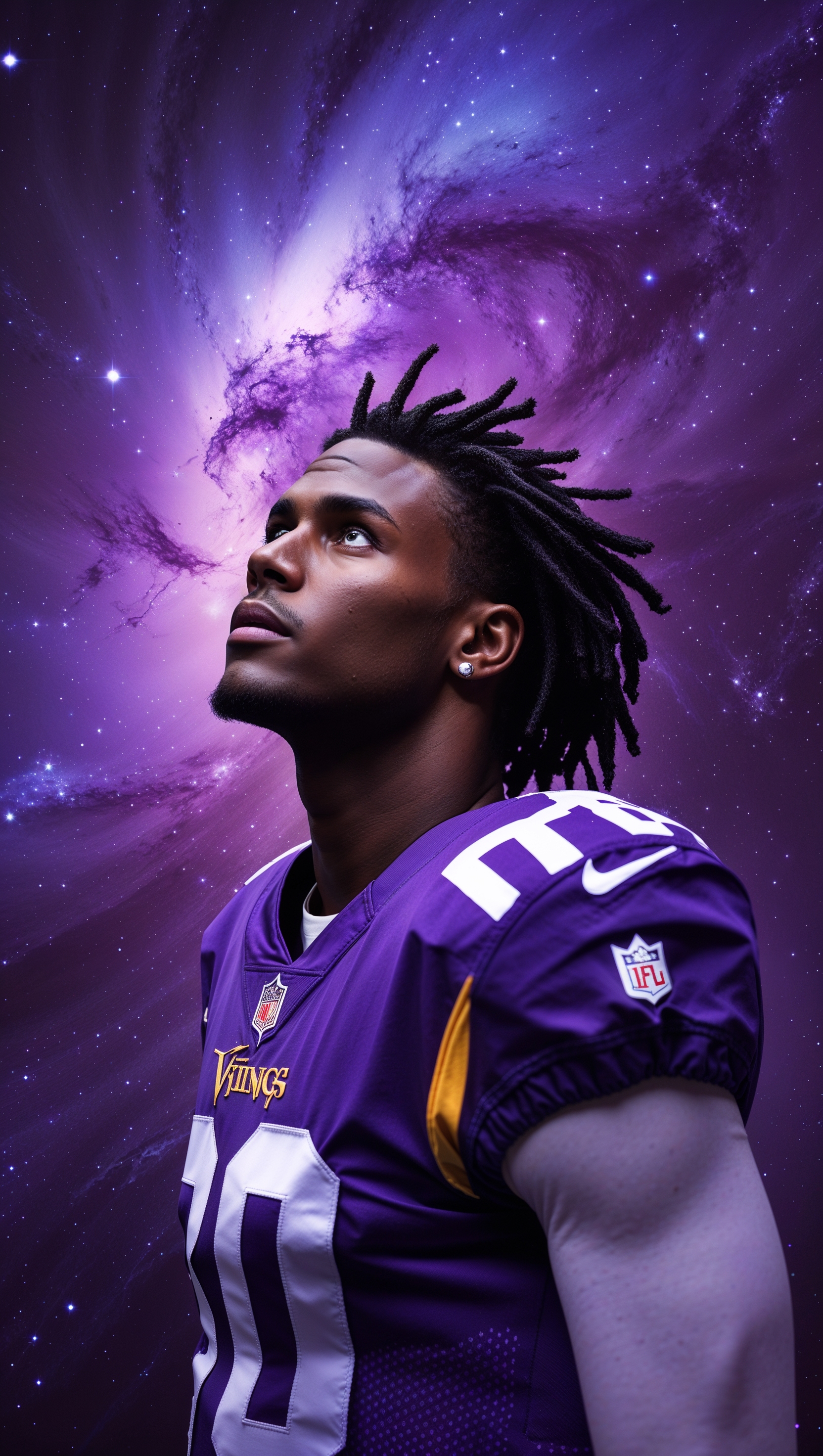 Justin Jefferson with a galaxy background in purple tones
