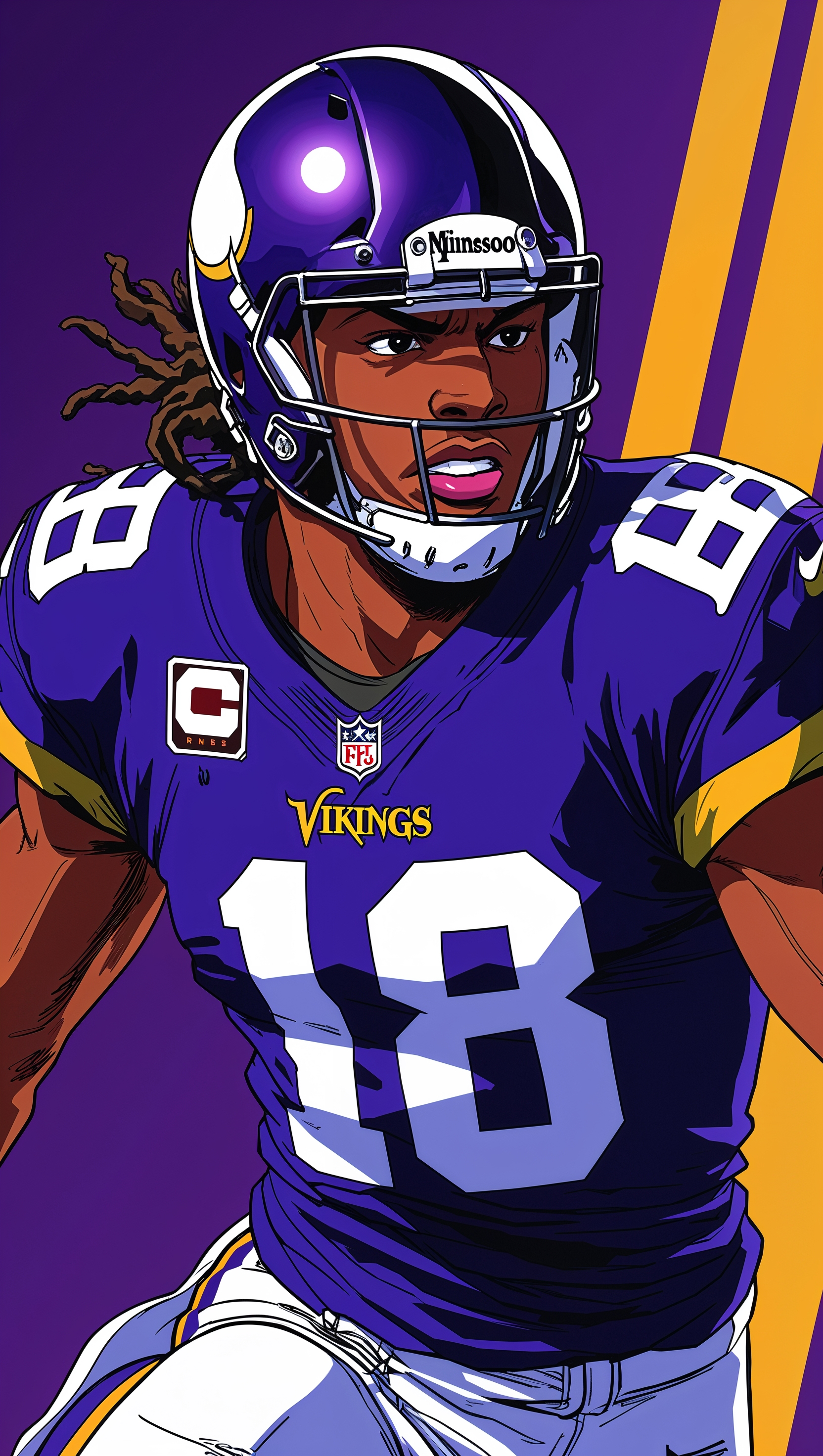 Anime-style Justin Jefferson with team uniform in action pose