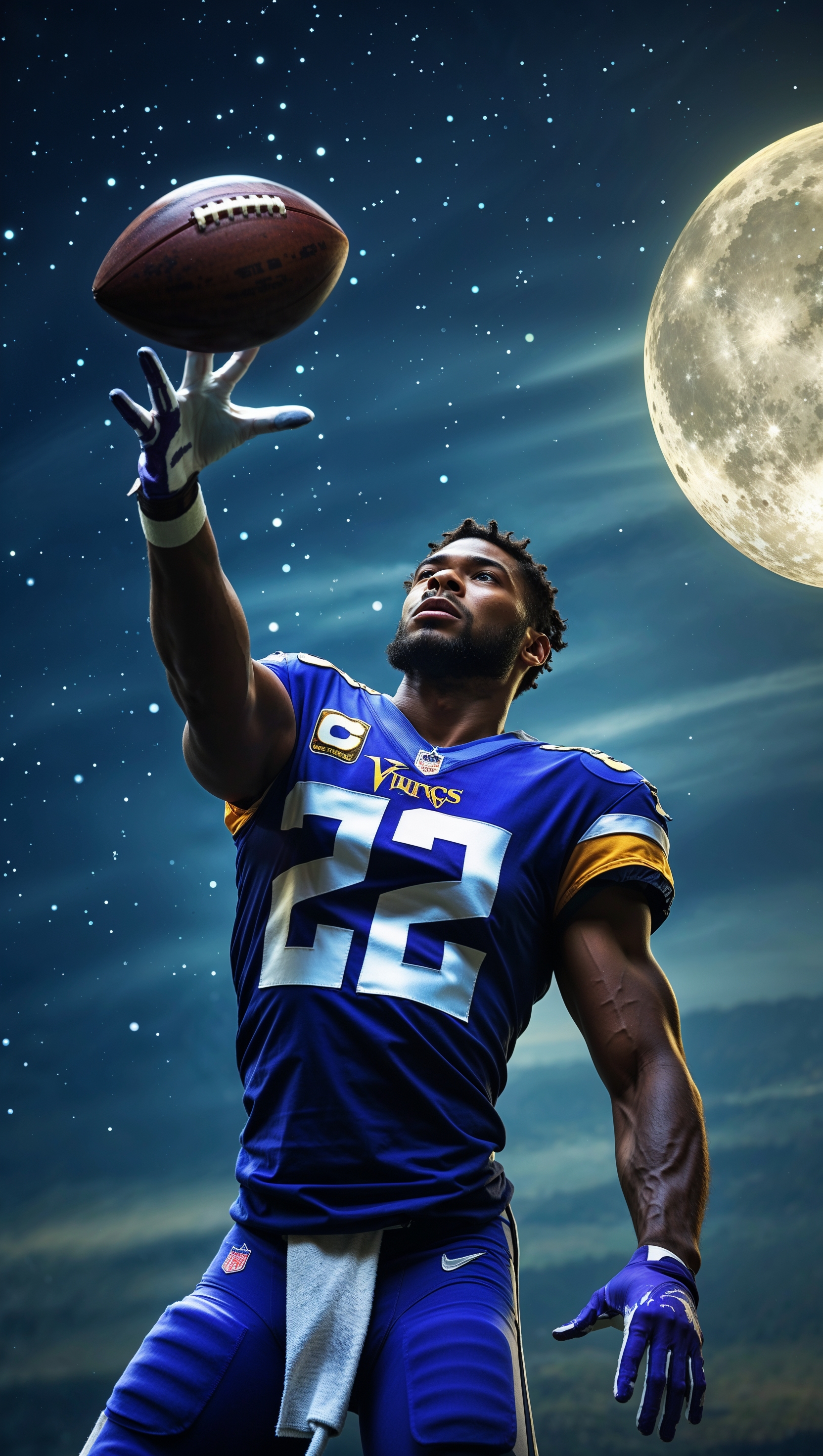 Justin Jefferson catching a football in a starry sky background