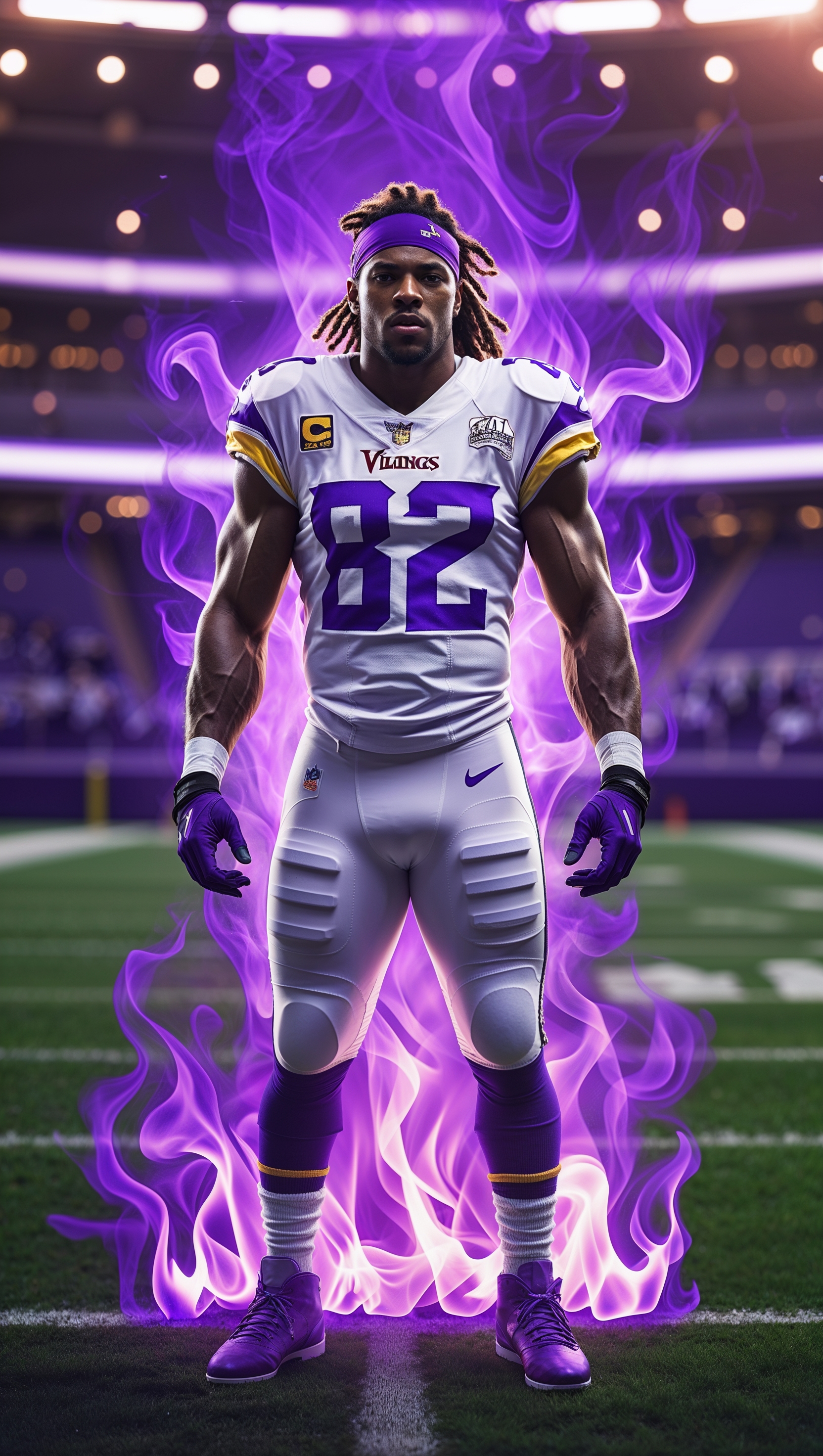 Justin Jefferson on the field with purple flame background