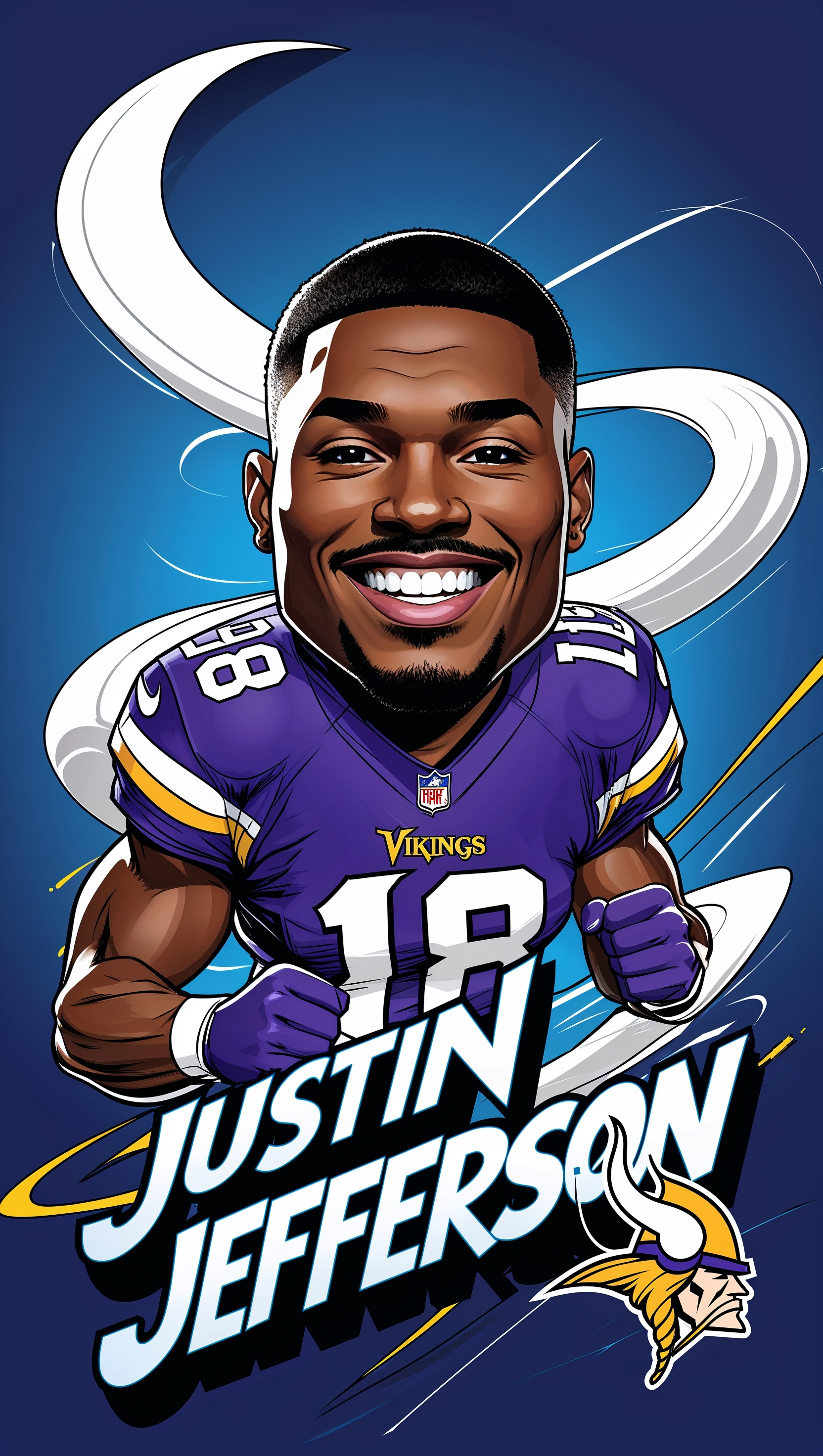 Cartoon poster of Justin Jefferson in comic book style