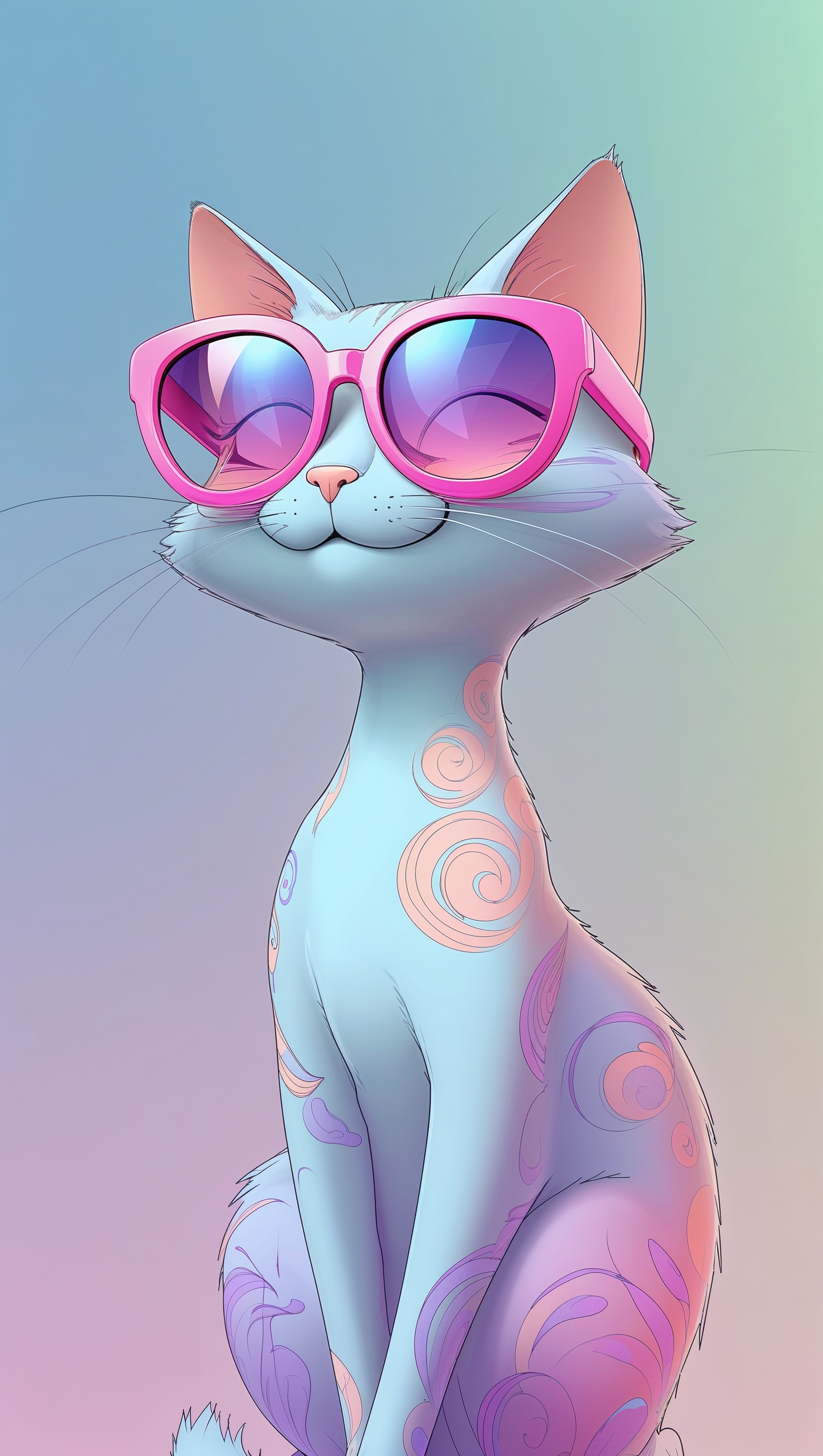 Stylish cartoon cat with sunglasses in pastel colors as iPhone wallpaper