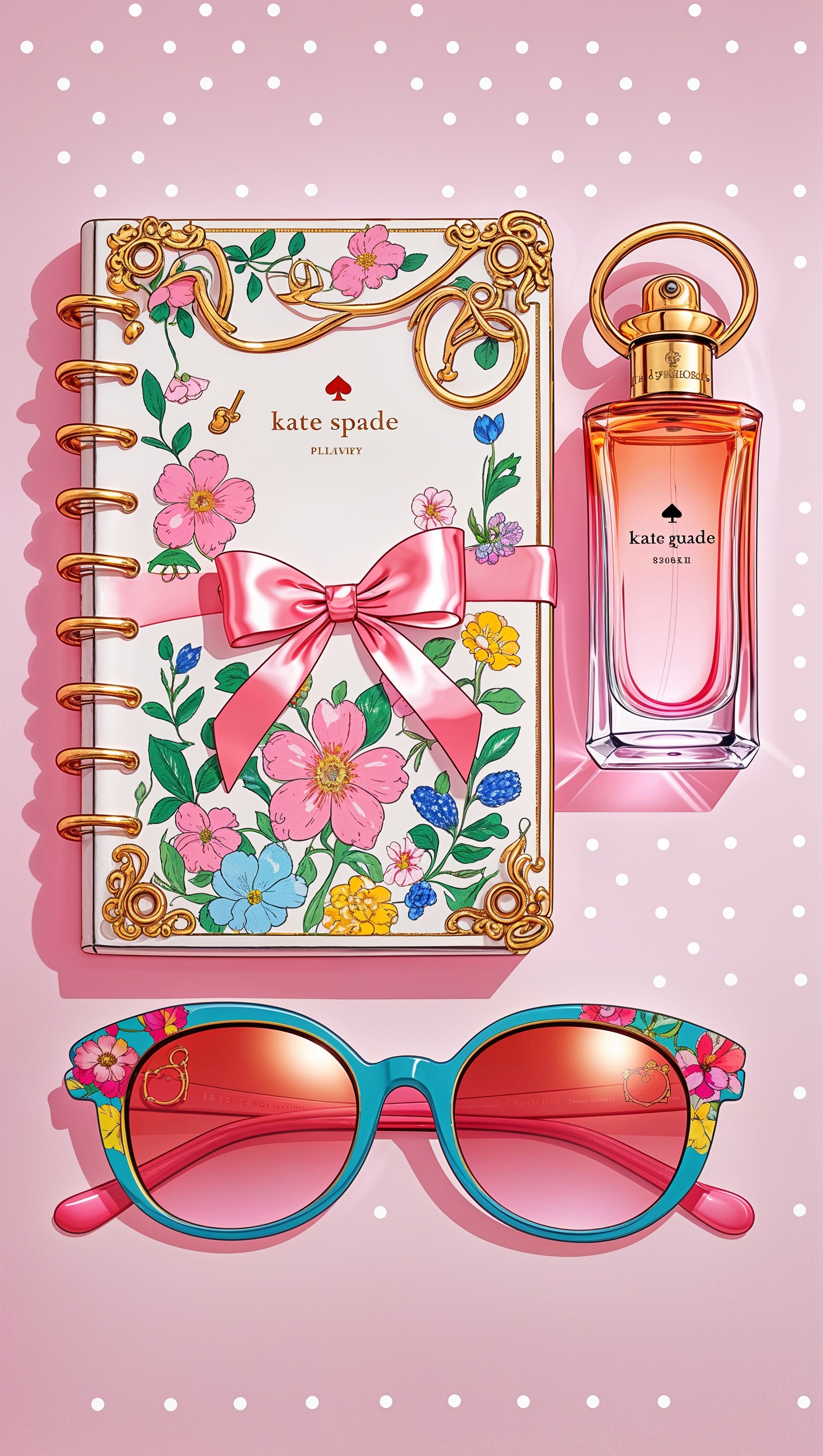 Cartoon design of a diary, perfume, and sunglasses in Kate Spade fashion