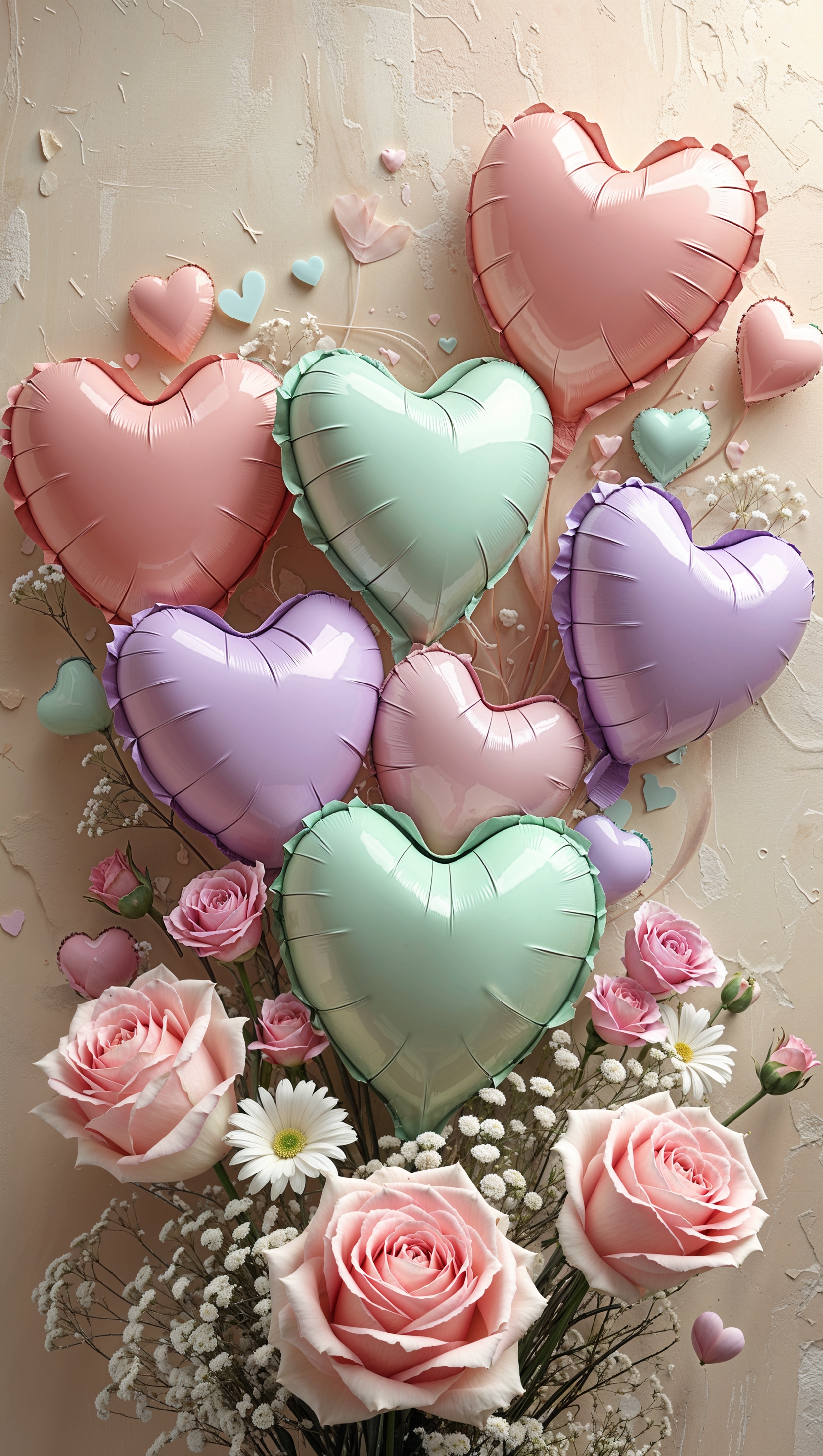 Valentine-themed wallpaper with flowers, hearts, and soft colors