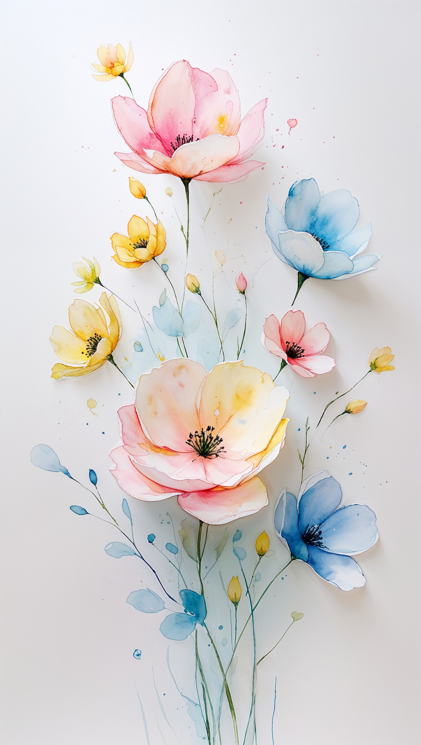 Watercolor-painted flowers on a white background, inspired by Kate Spade