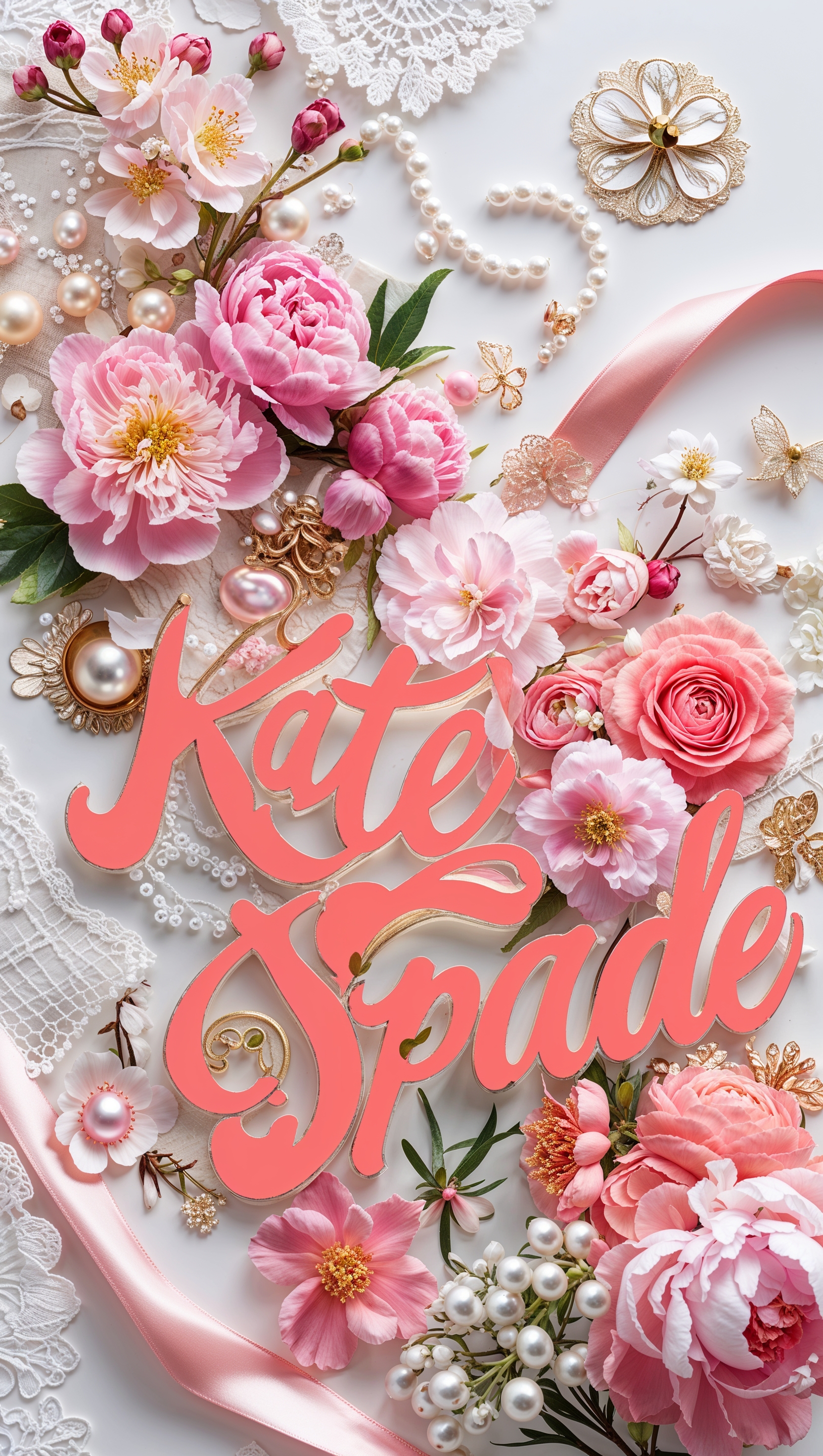 Modern collage of feminine elements, flowers, and bold typography in Kate Spade style