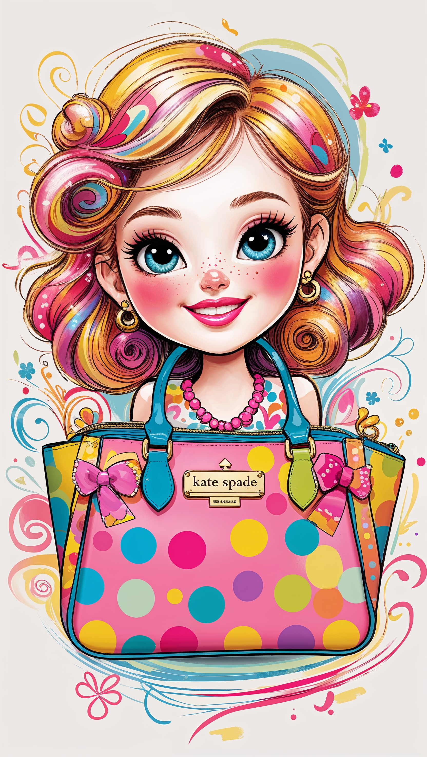 Cartoon girl character with Kate Spade style and colorful handbag