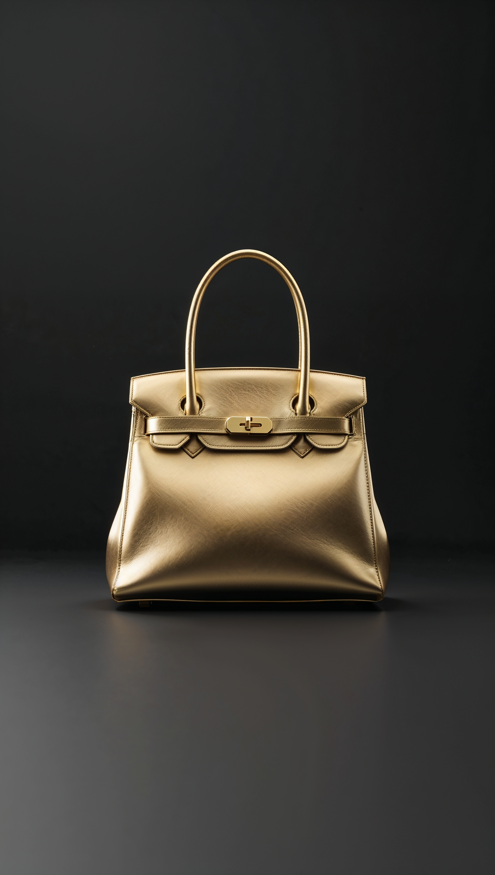Minimalist design with a golden handbag on matte black background