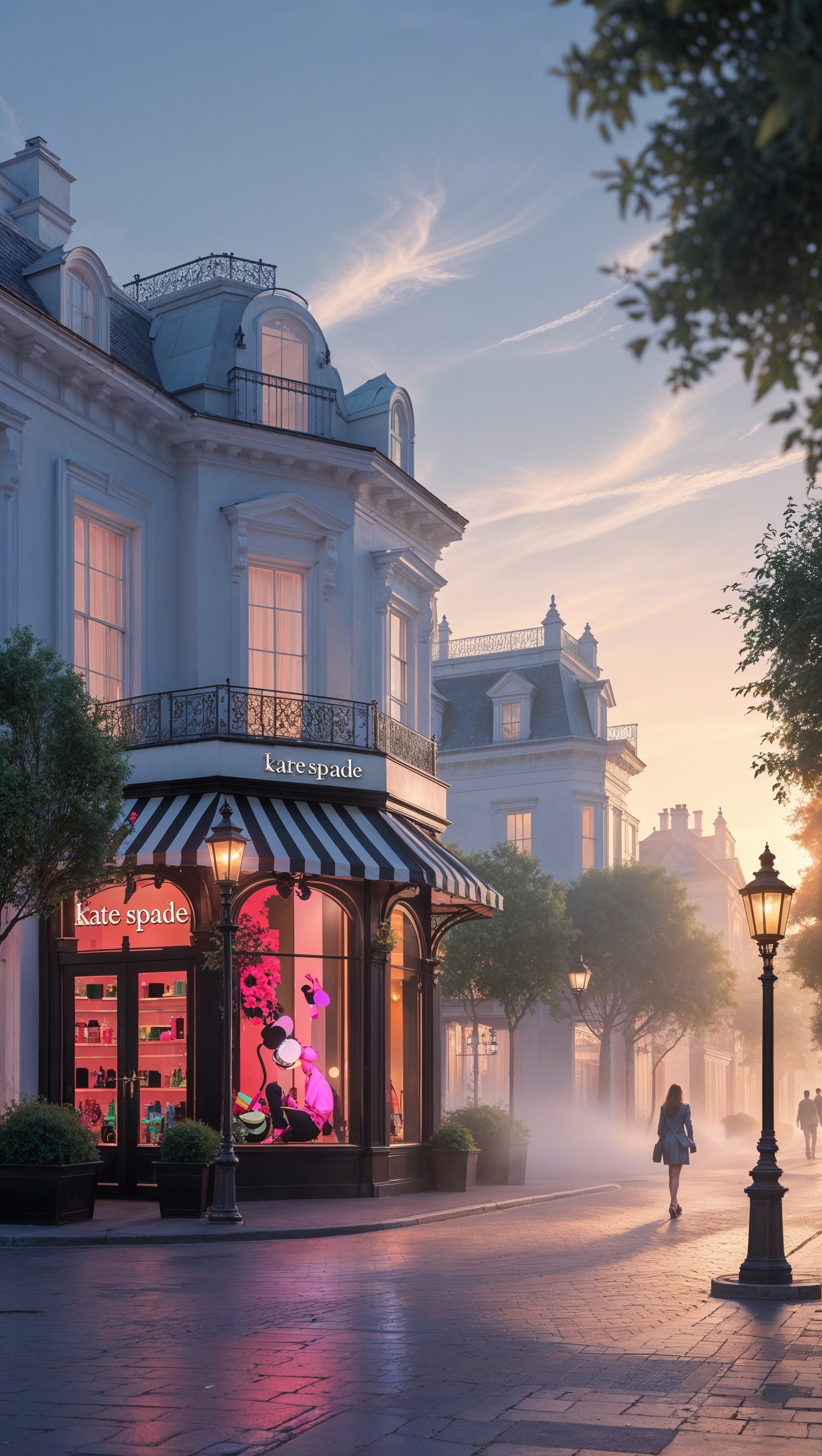 Fantasy scene of a chic street with Kate Spade stores as iPhone wallpaper