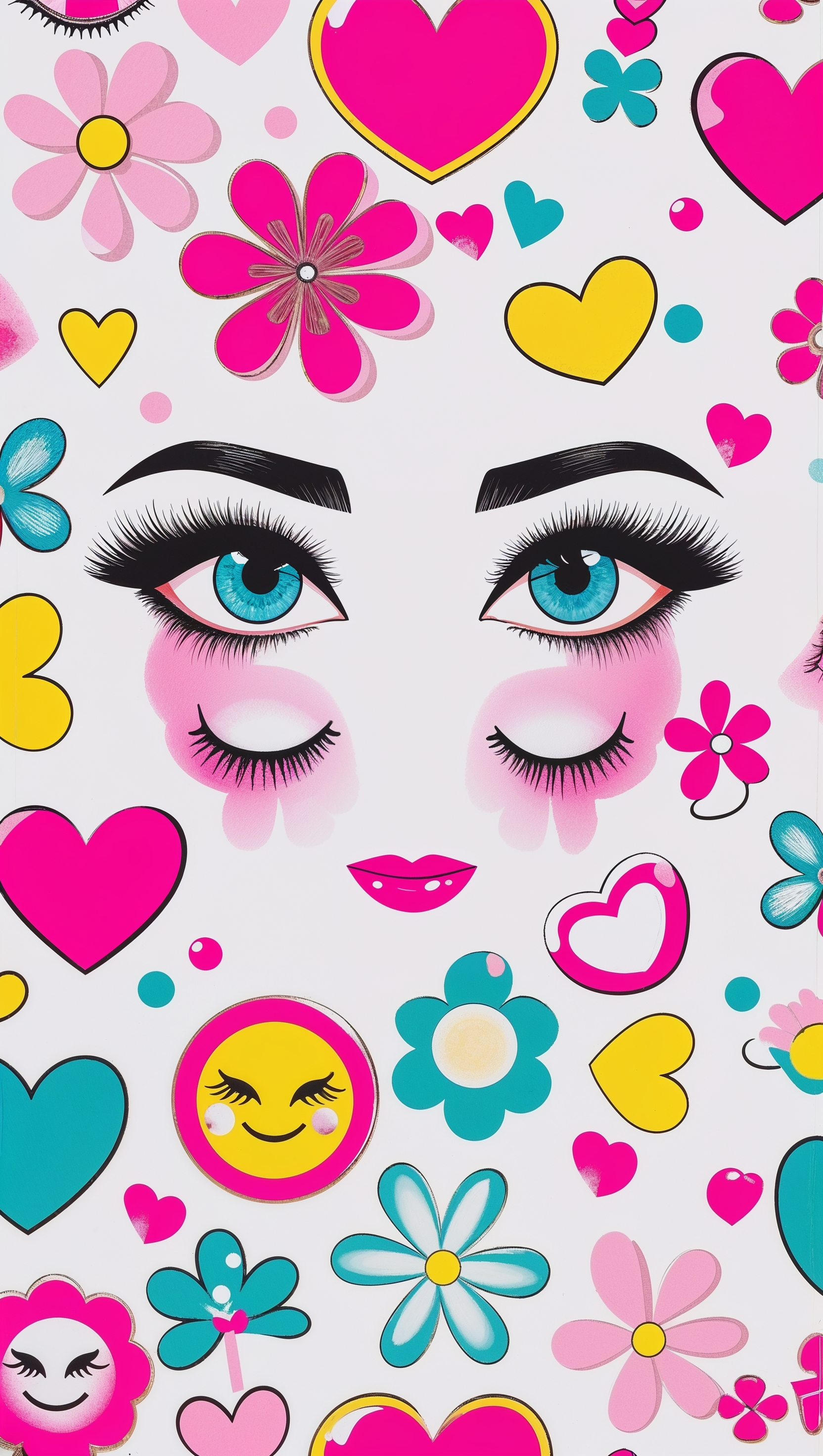 Winking eyes, smiles, and girly icons on a graphic wallpaper in Kate Spade style