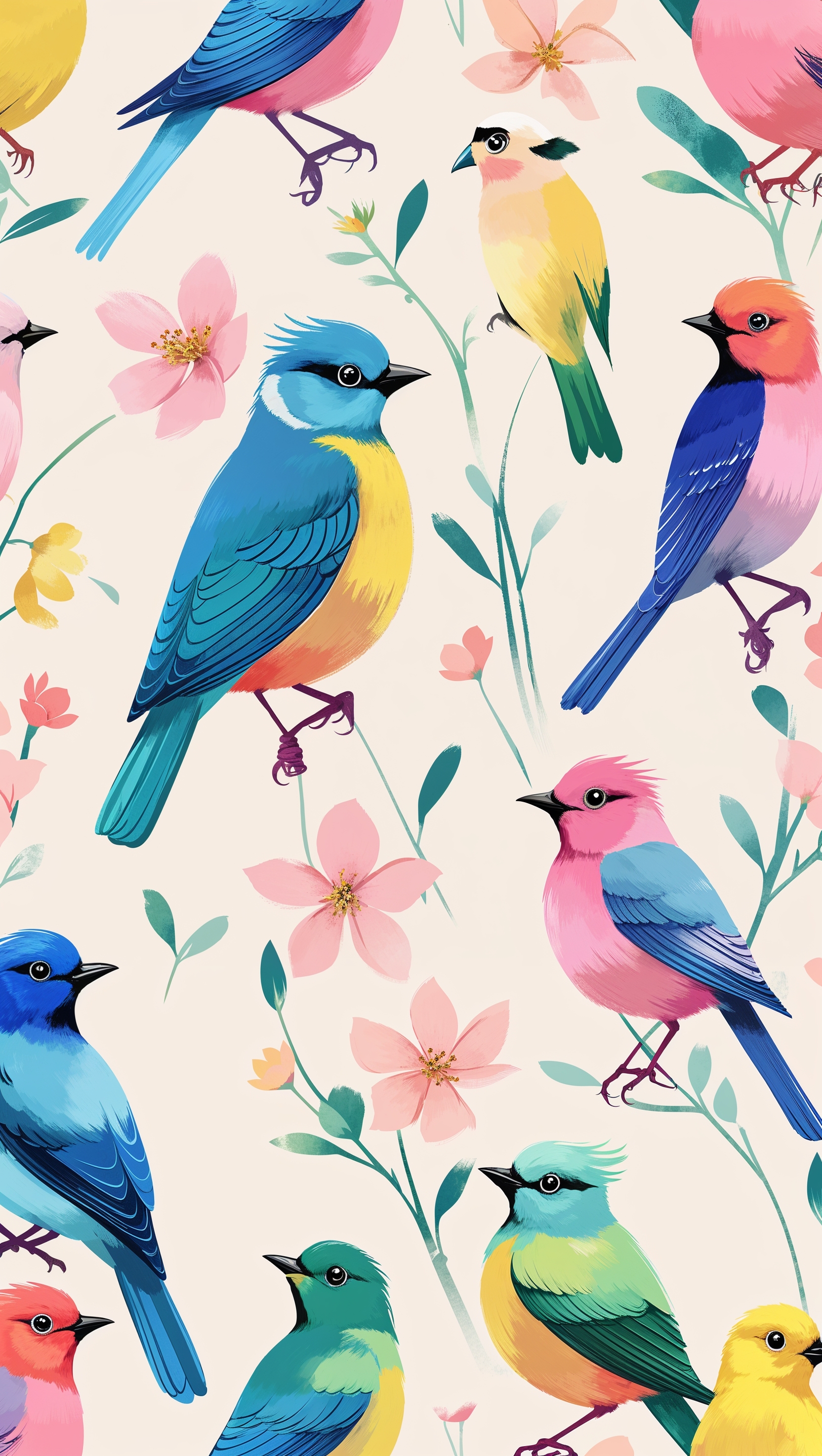 Wallpaper with colorful birds and minimal flowers for iPhone