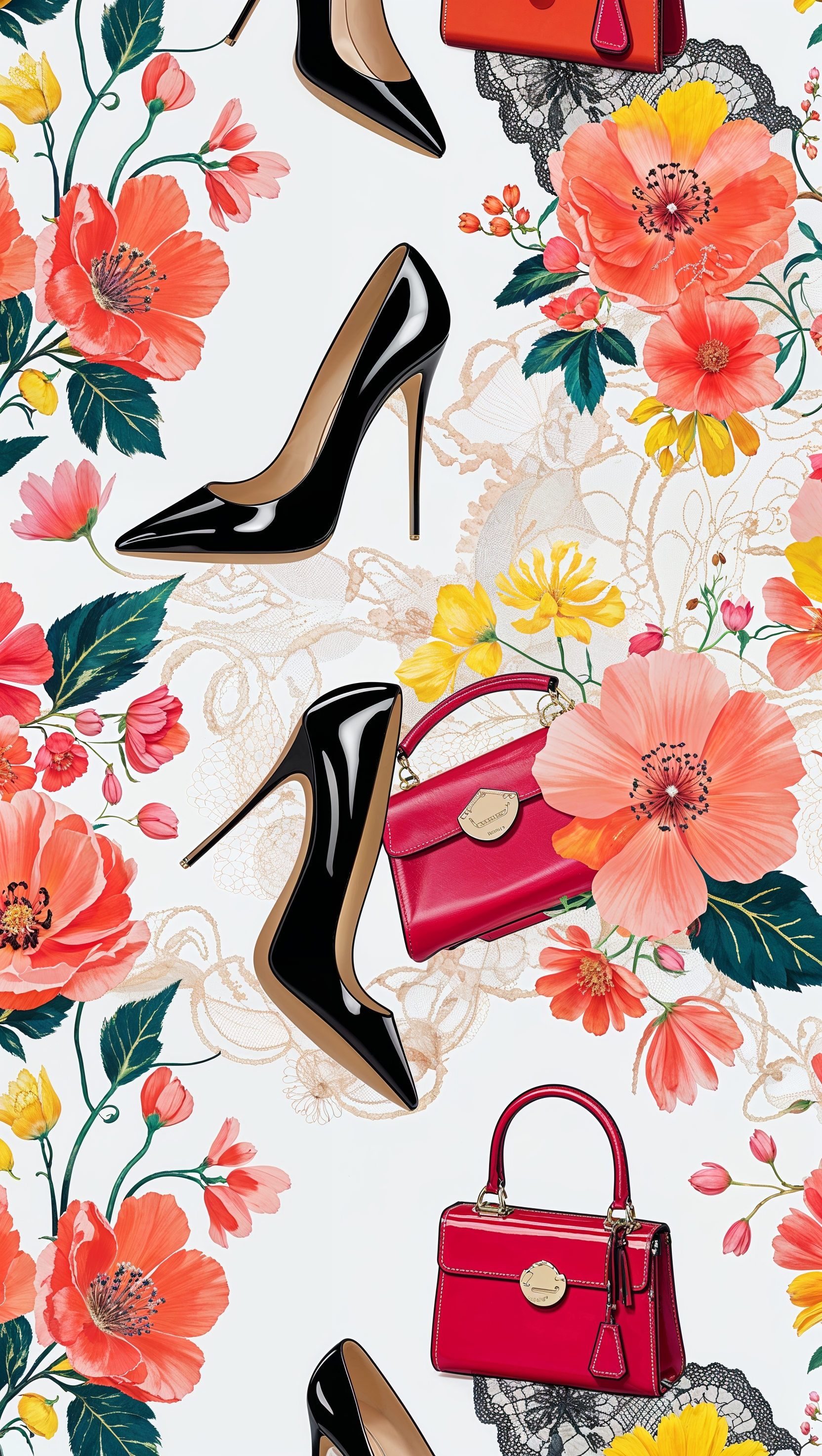 Busy but tidy wallpaper with handbags, shoes, and modern florals in Kate Spade fashion