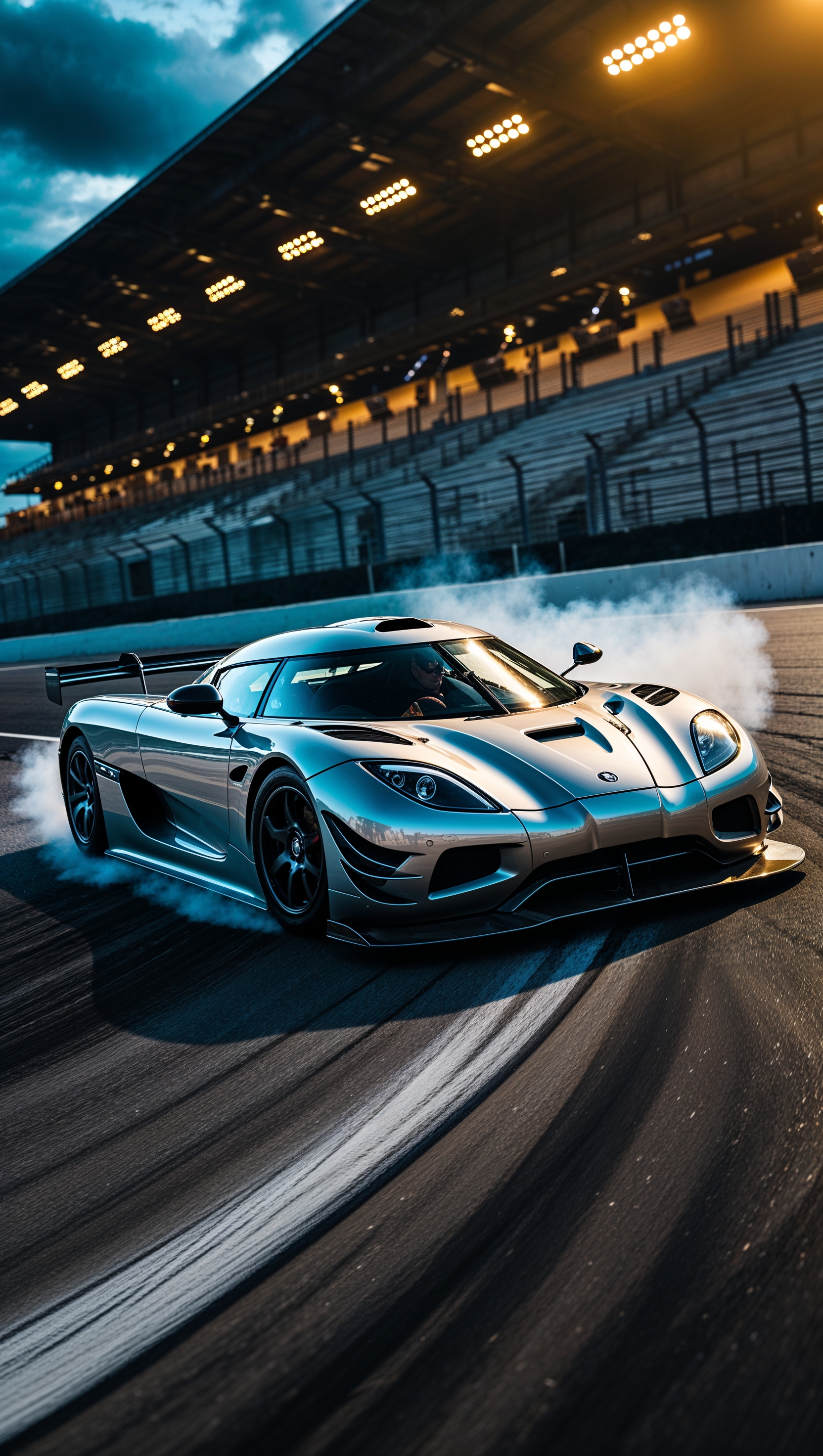 A Koenigsegg car drifting on a curved racetrack under stadium lights, capturing the intense speed and energy