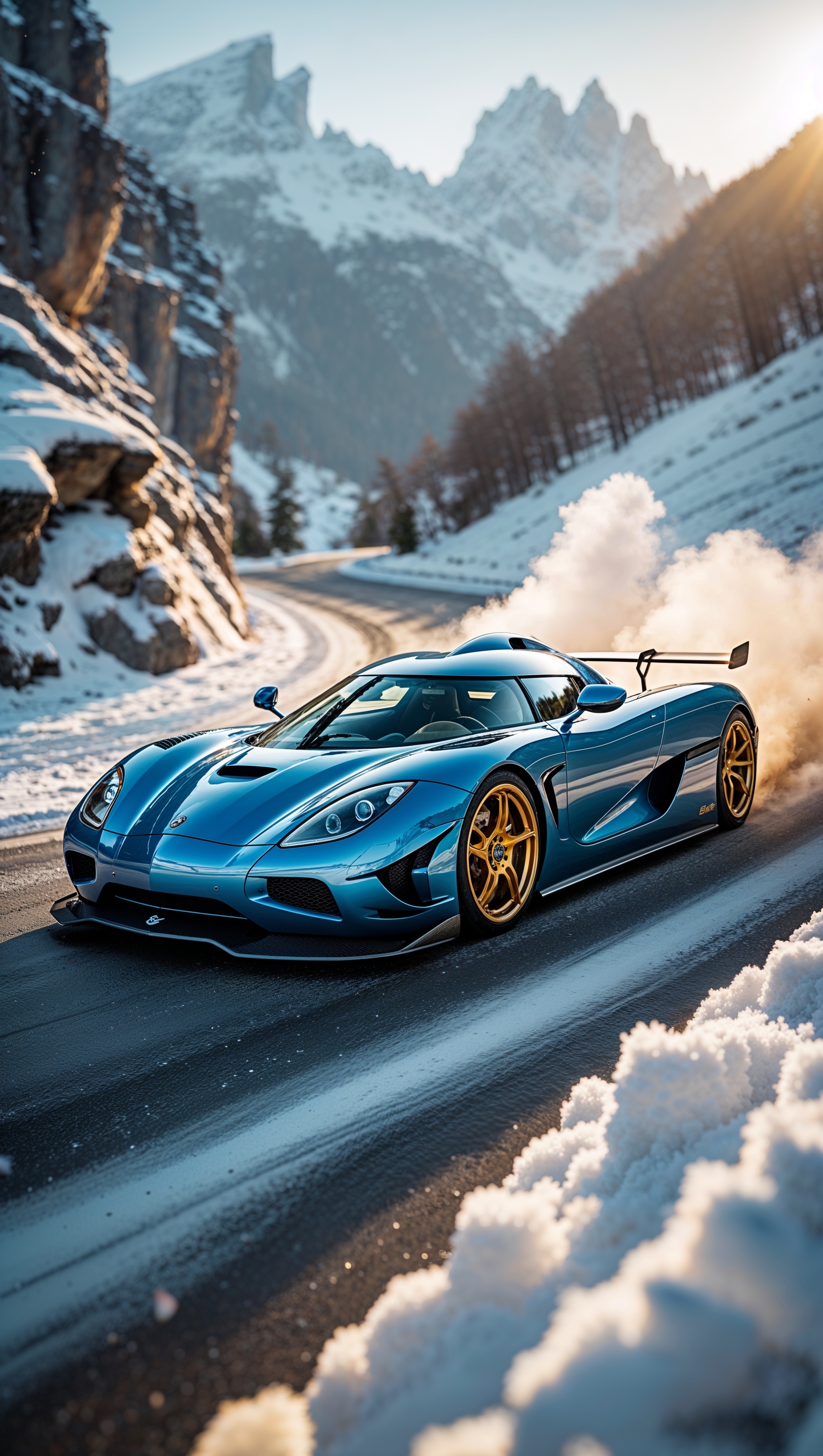 A Koenigsegg Agera RS in a high-speed drift through a snow-covered road, creating dramatic tire trails