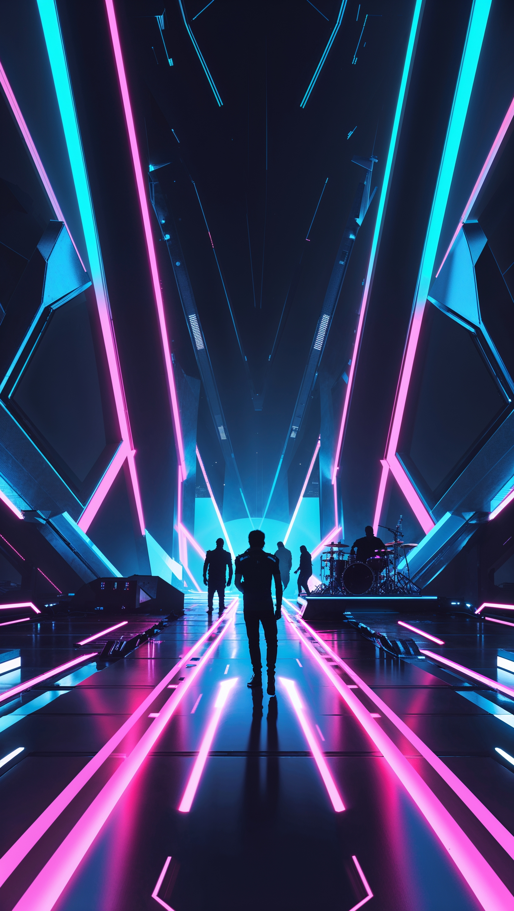 Futuristic Korn stage with glowing neon lights, iPhone wallpaper