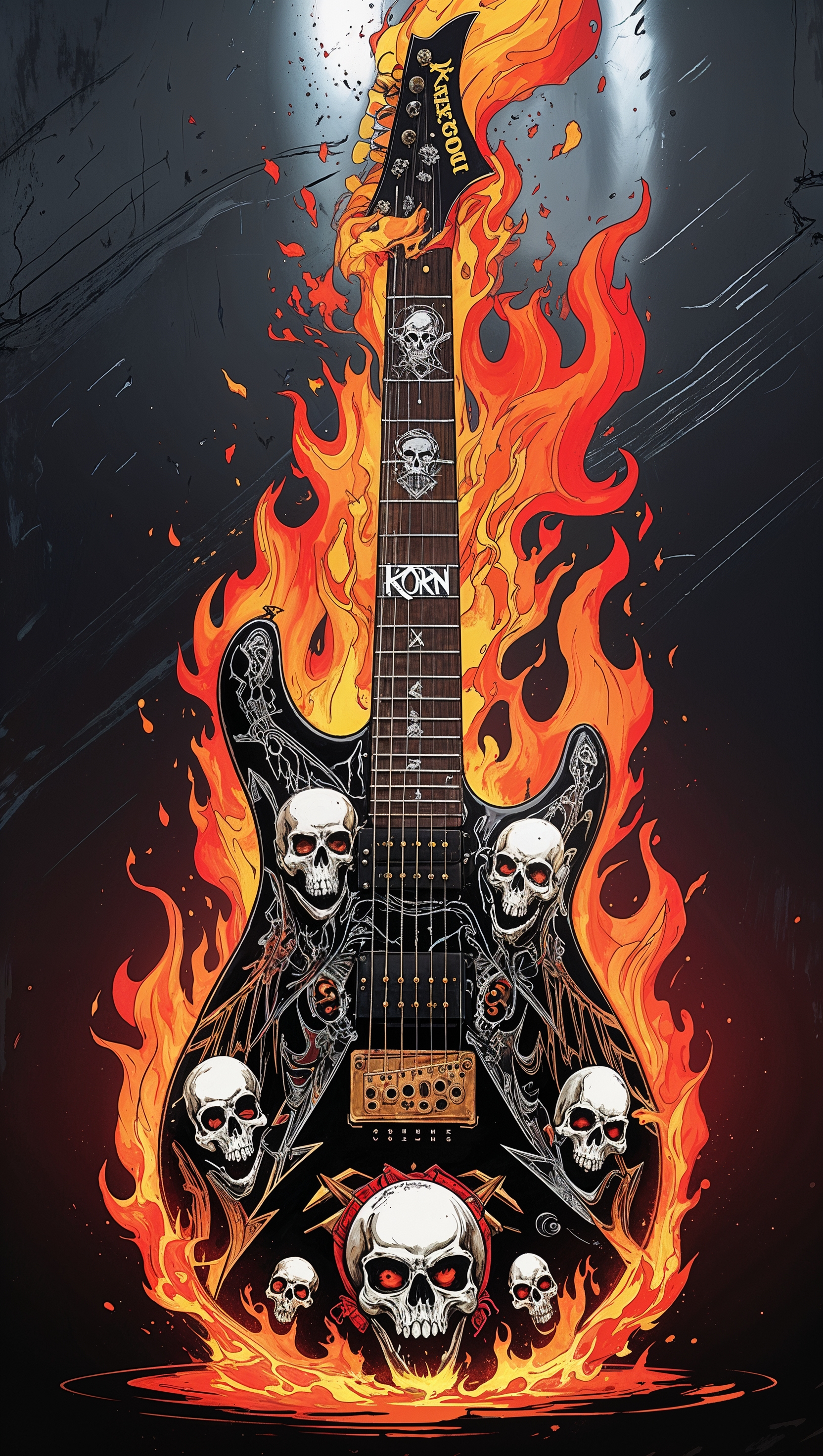 Korn guitar with flames and skulls, heavy metal style, iPhone wallpaper