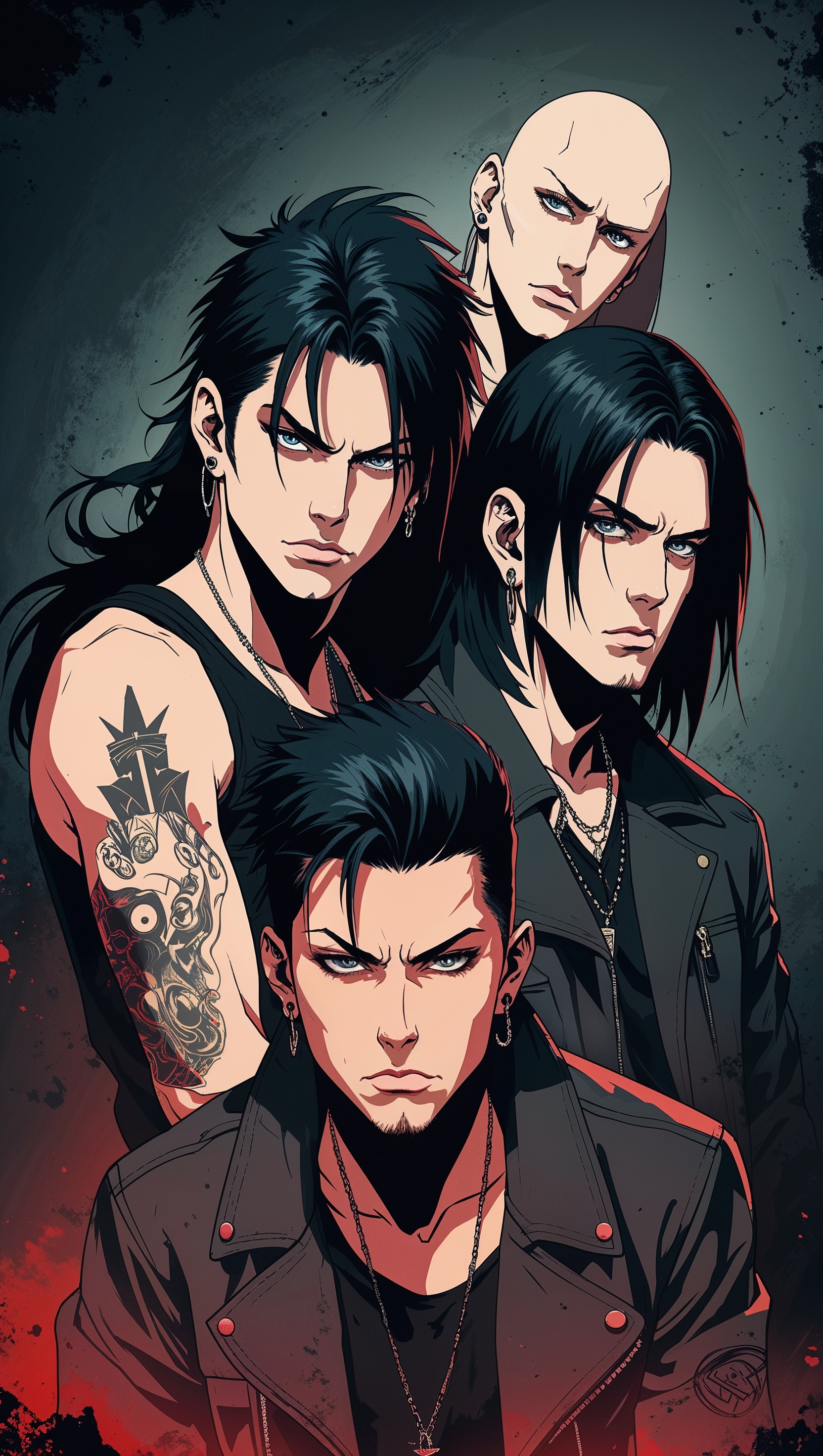 Korn members in anime style, dark tone, iPhone wallpaper