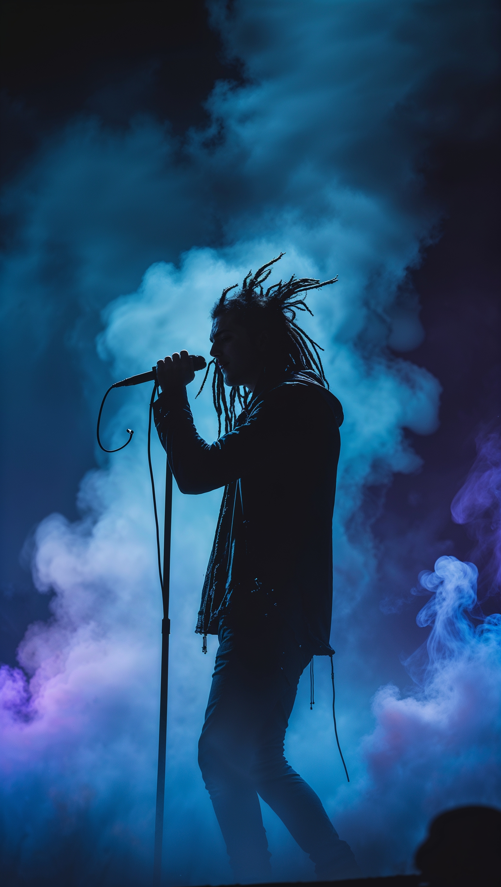 Jonathan Davis silhouette with microphone, smoke background, iPhone wallpaper
