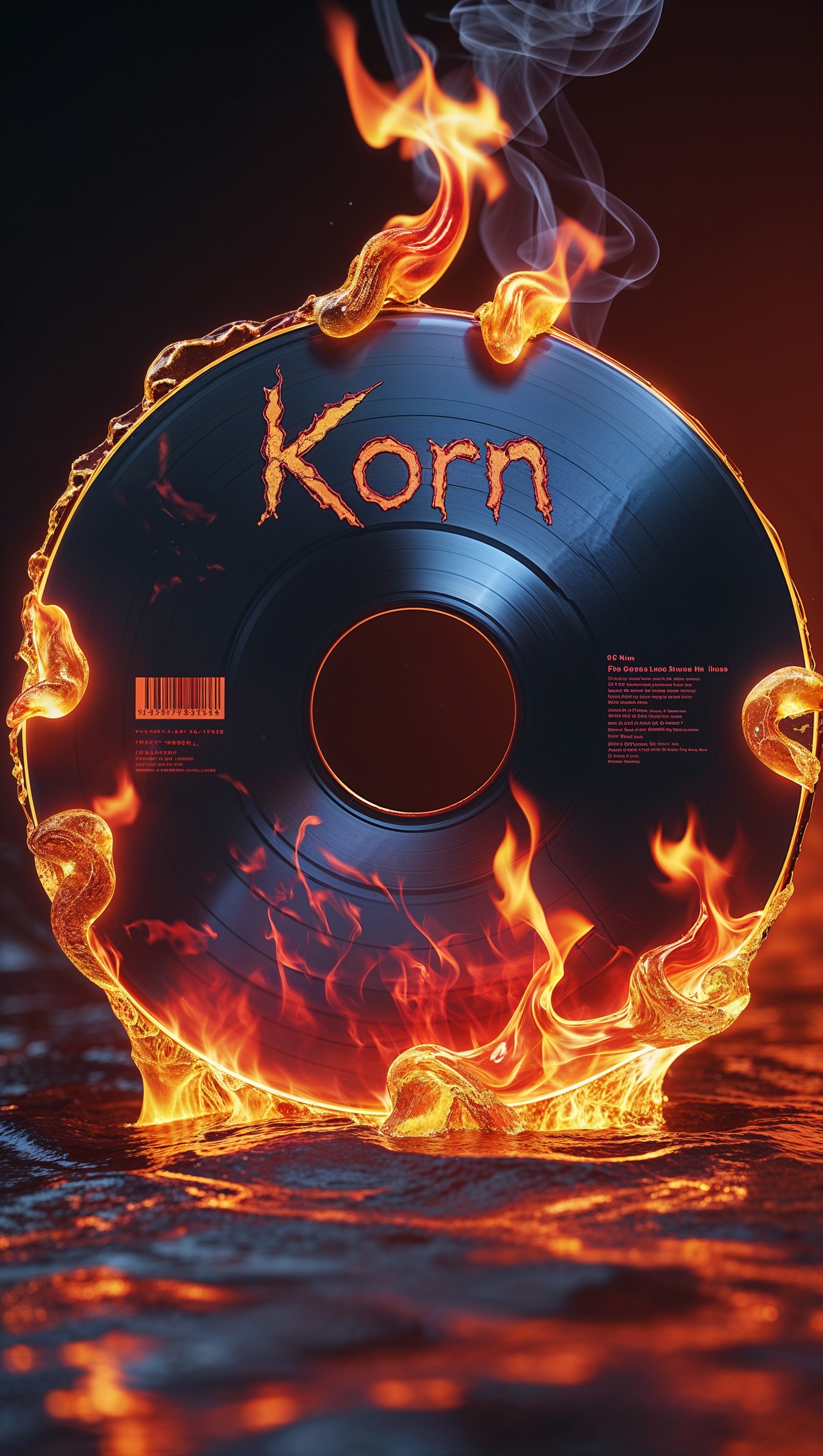 Korn album disc melting in fire, surreal image, iPhone wallpaper