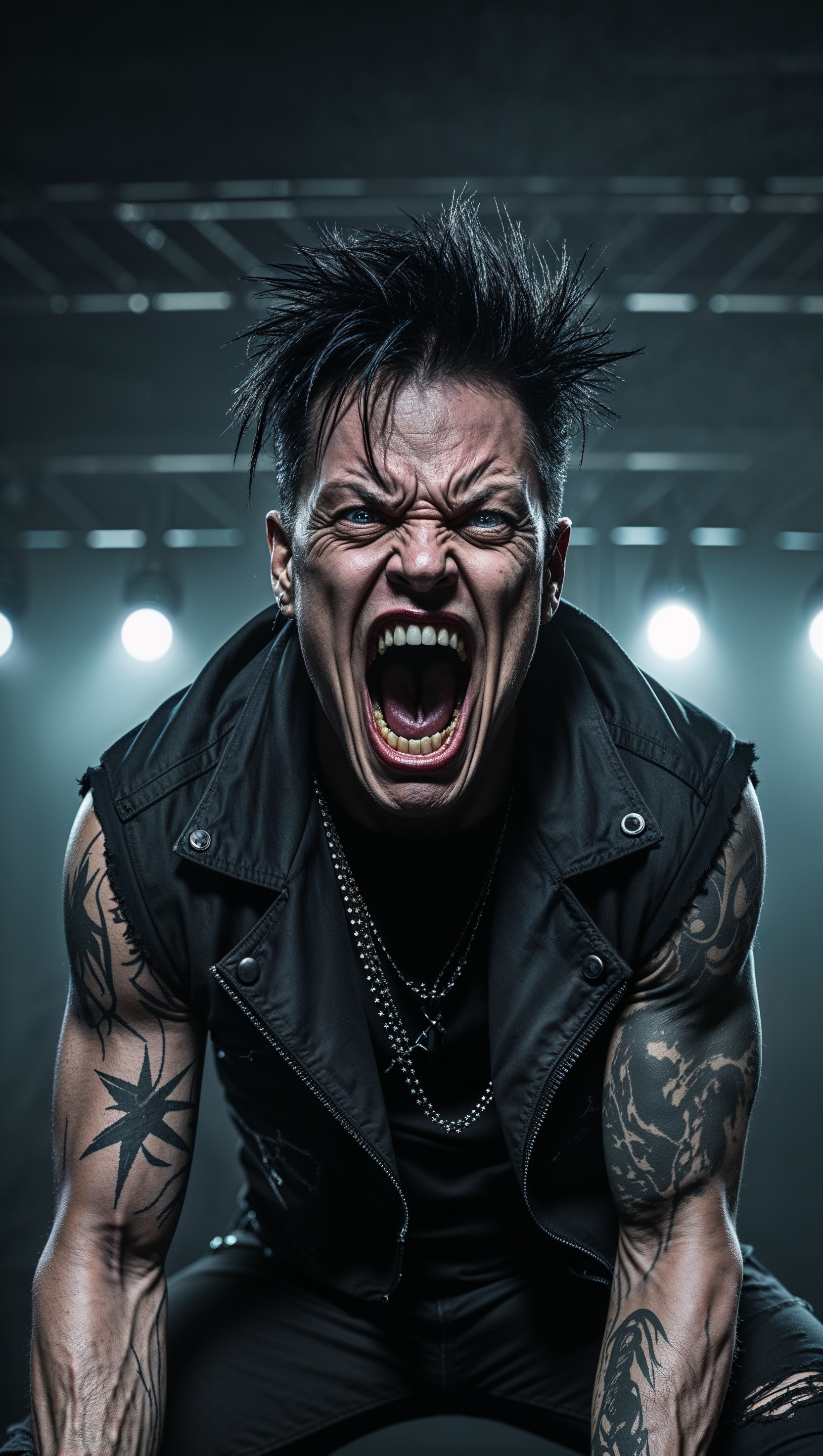 Angry Jonathan Davis screaming on stage, dark background, iPhone wallpaper