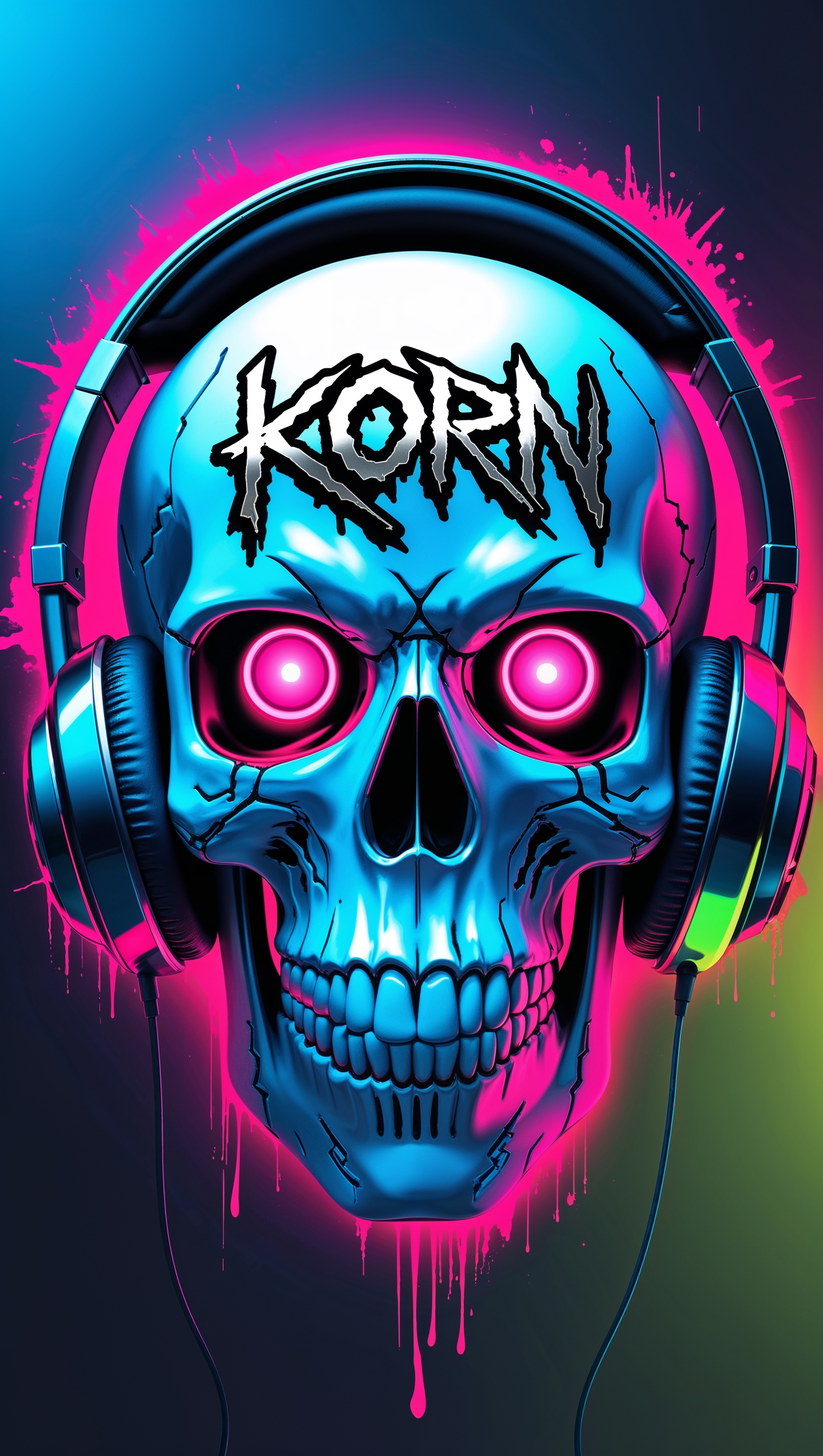 Stylized skull with headphones listening to Korn, neon colors, iPhone wallpaper