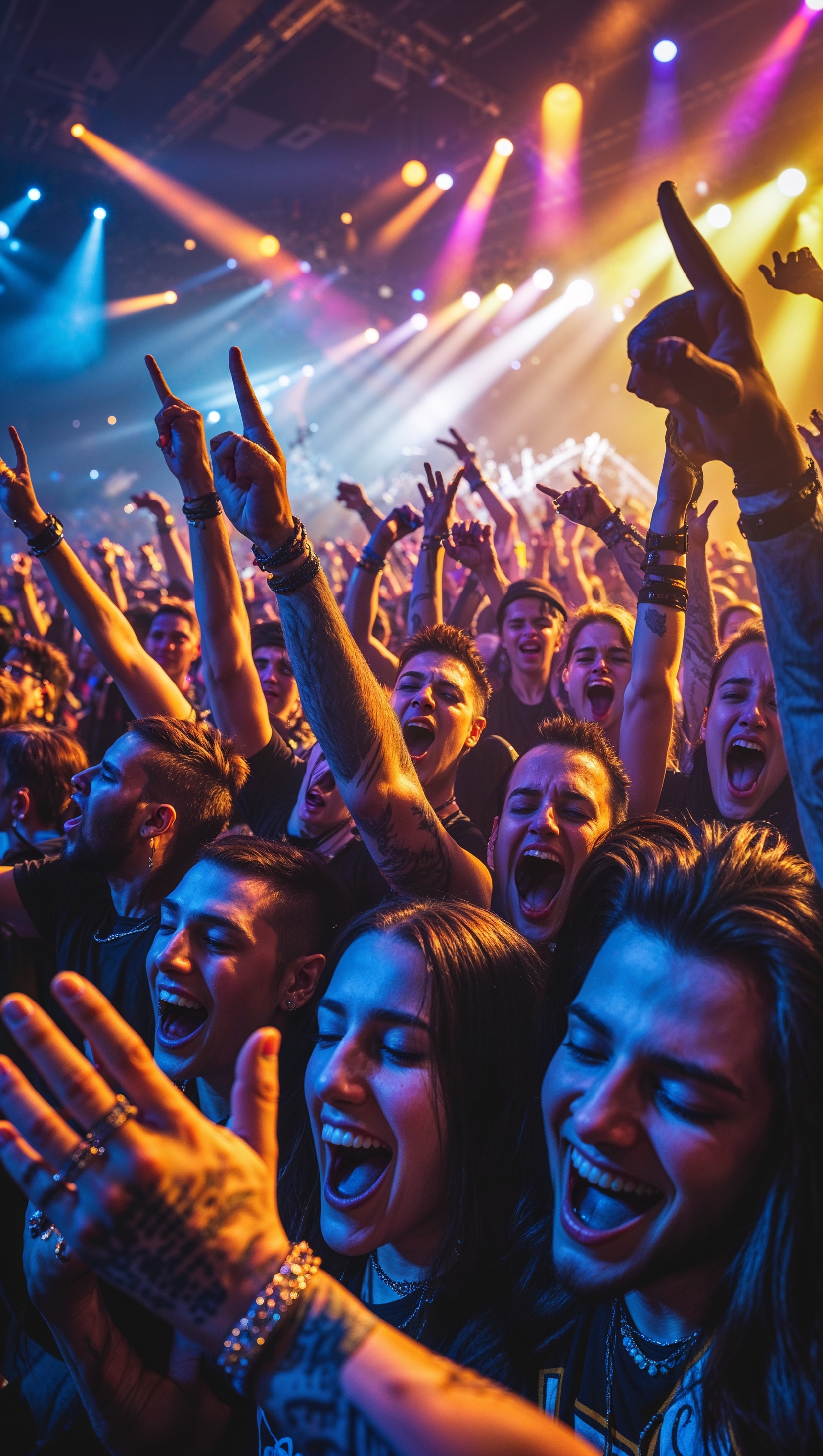 Korn fans at concert raising hands, backlit by stage lights, iPhone wallpaper